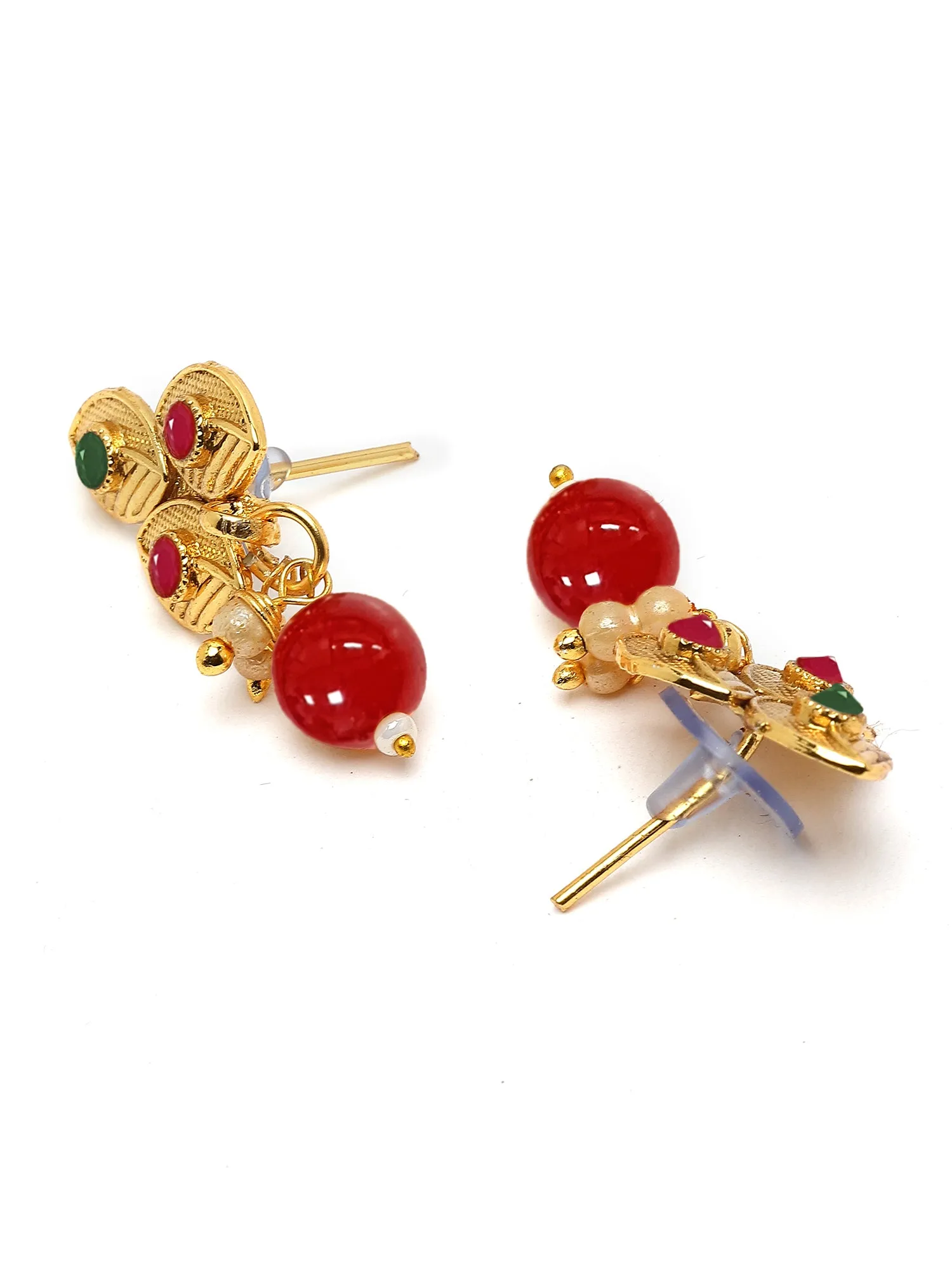 Karatcart Gold Plated Floral Design Red and Green Kundan Necklace Set for Women