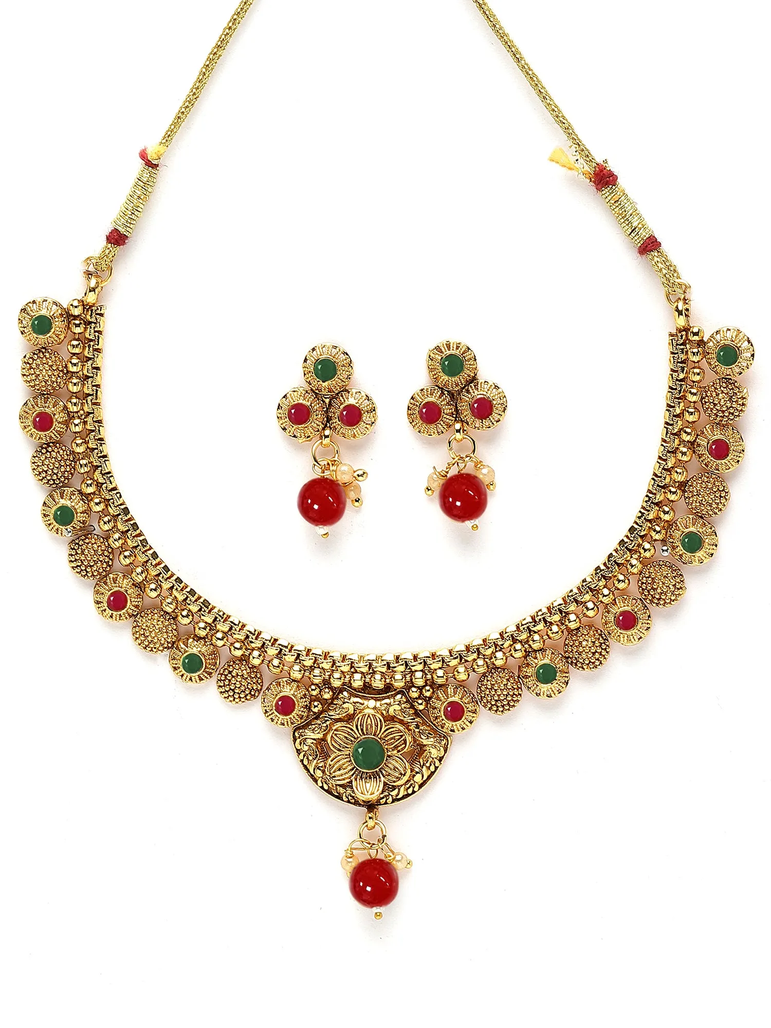 Karatcart Gold Plated Floral Design Red and Green Kundan Necklace Set for Women
