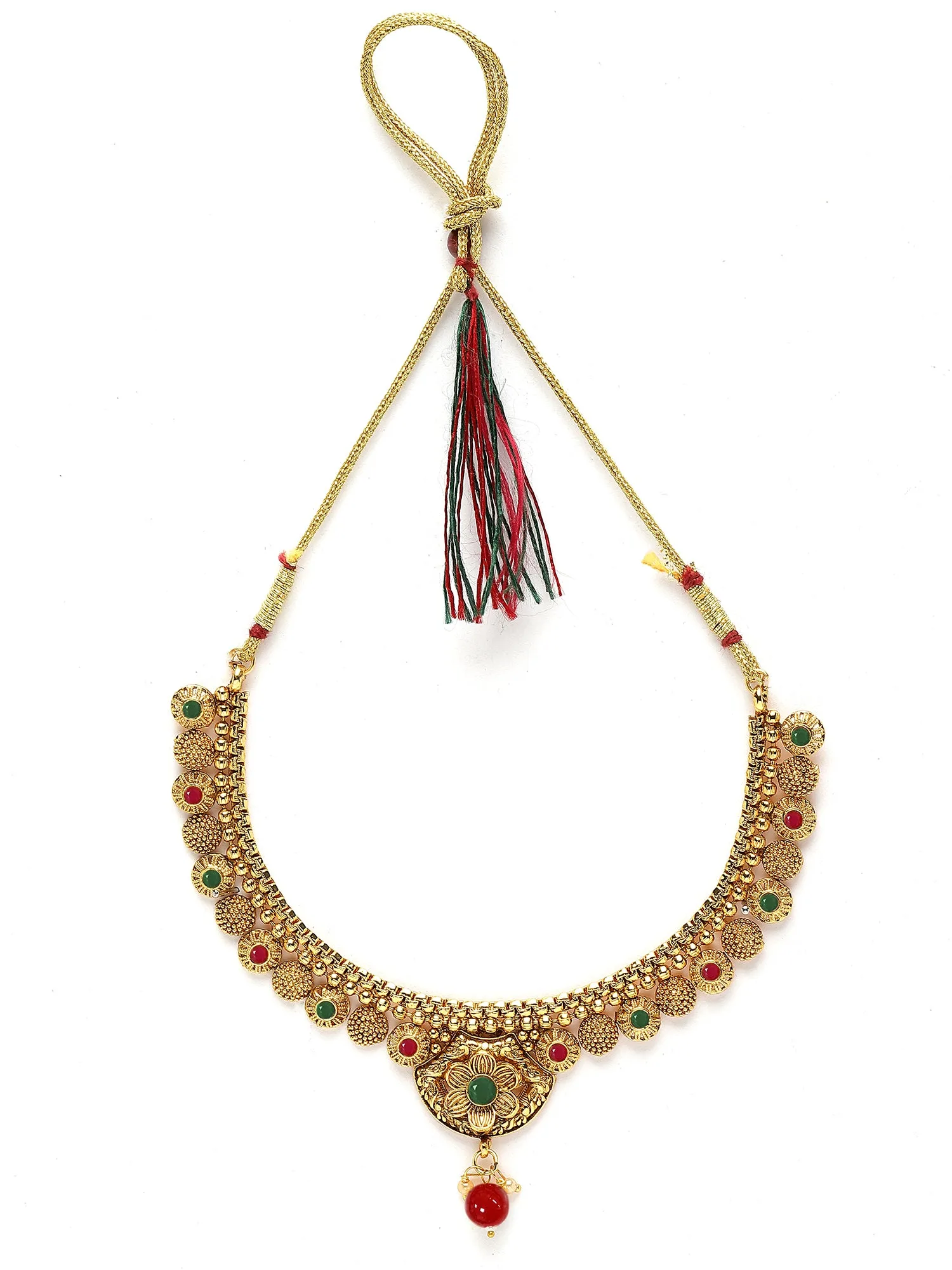 Karatcart Gold Plated Floral Design Red and Green Kundan Necklace Set for Women
