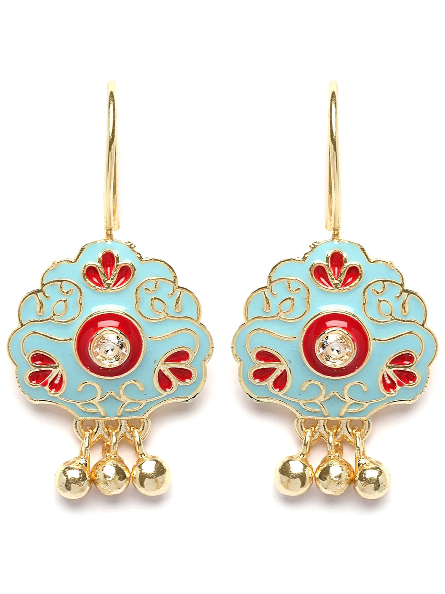 Karatcart Gold Plated Floral Design Red and Light Blue Meena Drop Earrings for Women