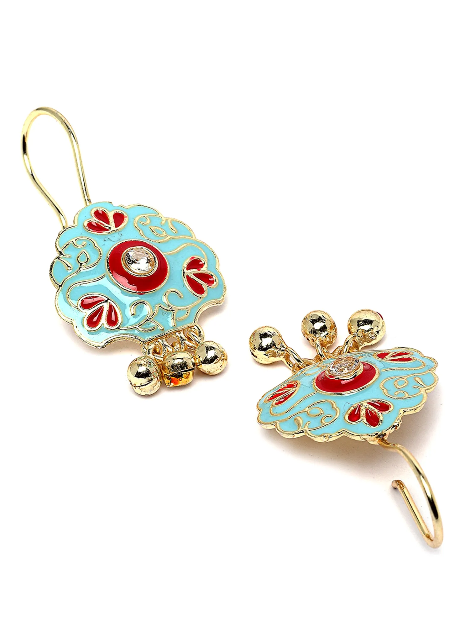 Karatcart Gold Plated Floral Design Red and Light Blue Meena Drop Earrings for Women