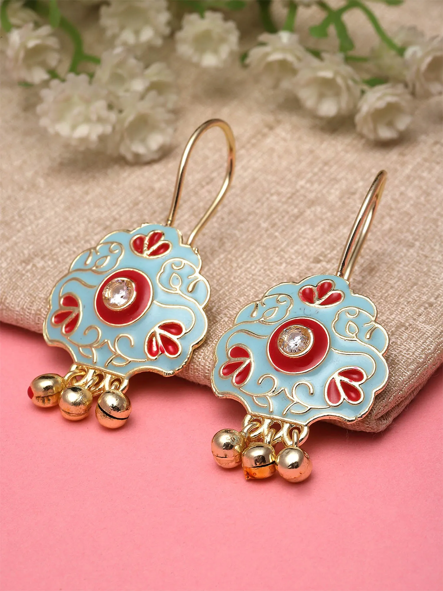 Karatcart Gold Plated Floral Design Red and Light Blue Meena Drop Earrings for Women