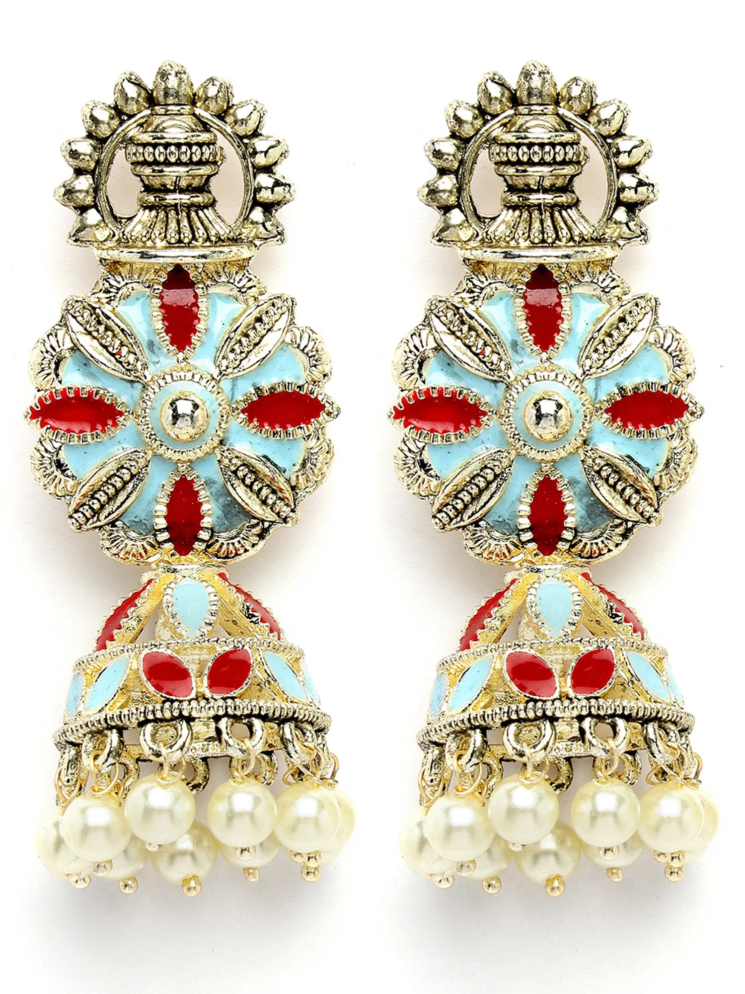 Karatcart Gold Plated Floral Design Red and Light Blue Meena Jhumki Earrings for Women