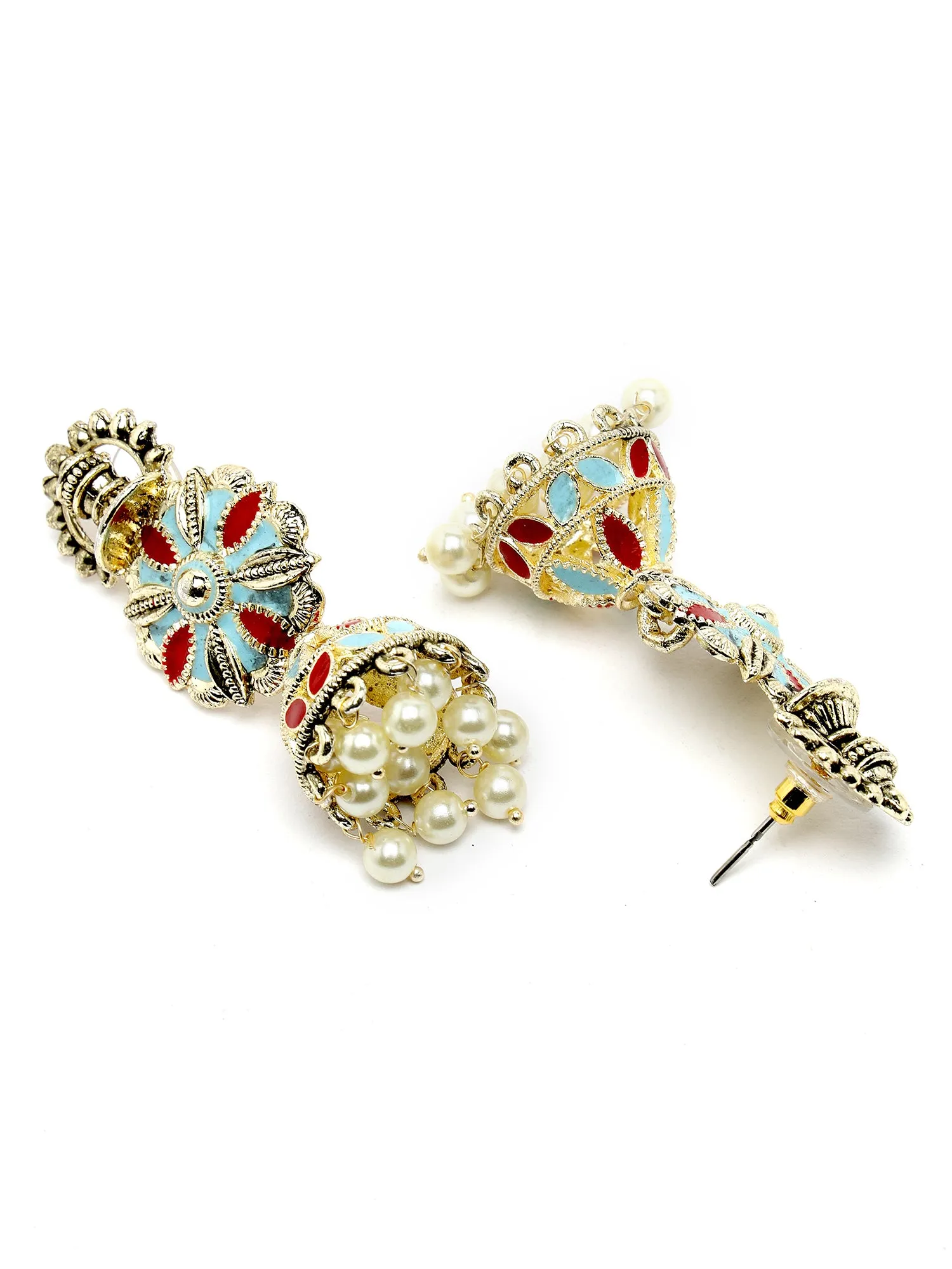 Karatcart Gold Plated Floral Design Red and Light Blue Meena Jhumki Earrings for Women