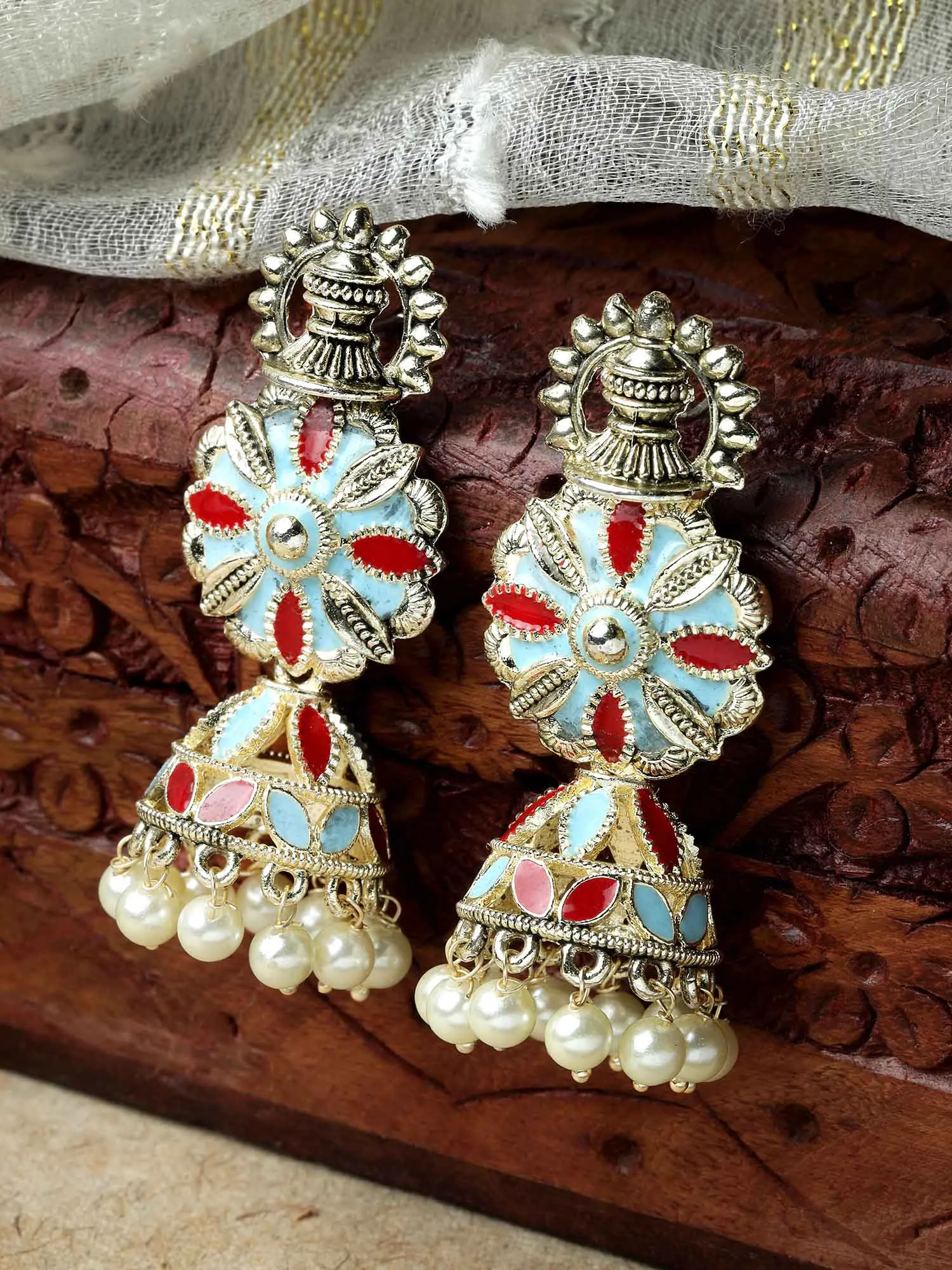 Karatcart Gold Plated Floral Design Red and Light Blue Meena Jhumki Earrings for Women