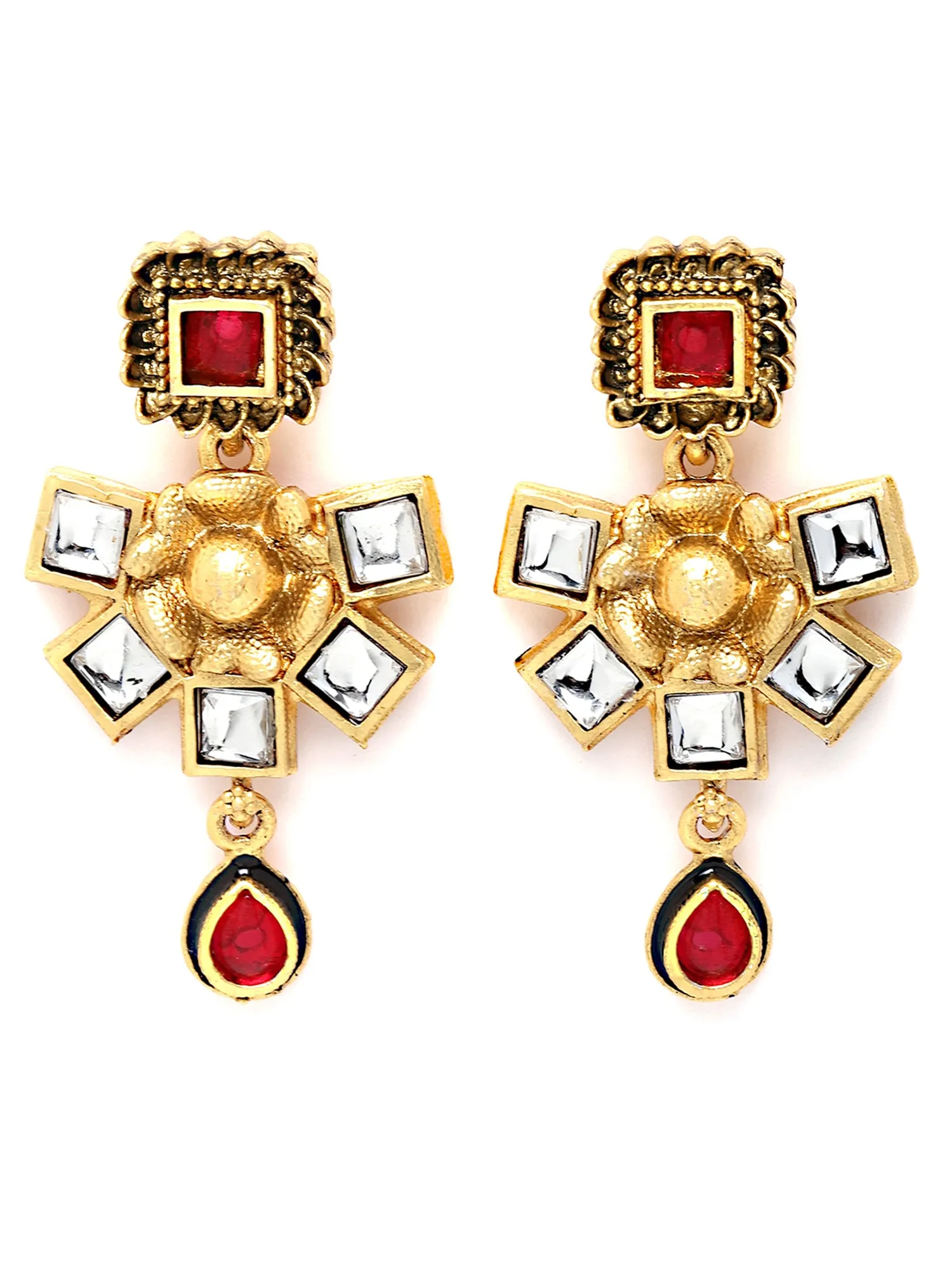 Karatcart Gold Plated Floral Design Red and White Kundan Dangler Earrings for Women
