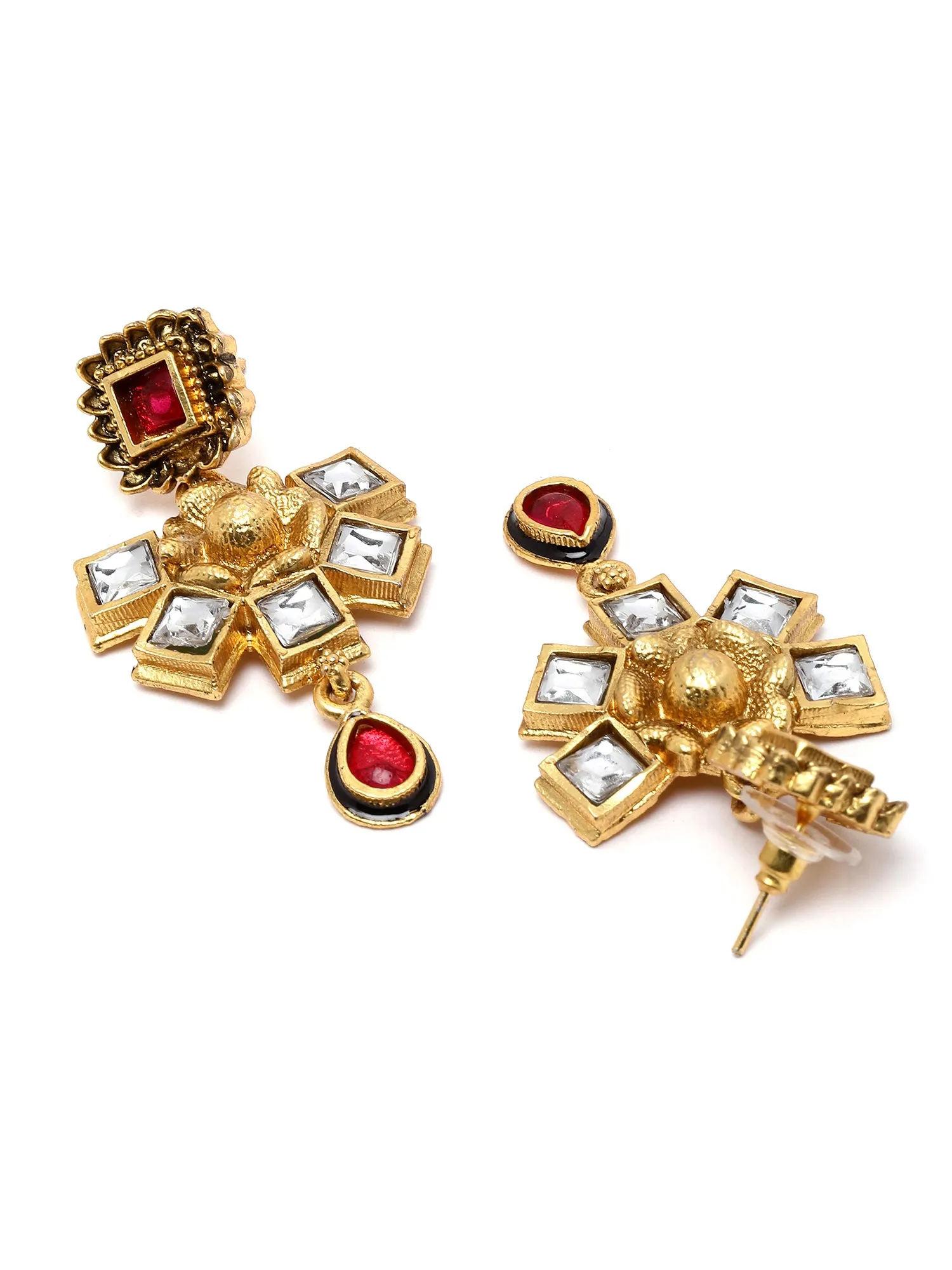 Karatcart Gold Plated Floral Design Red and White Kundan Dangler Earrings for Women