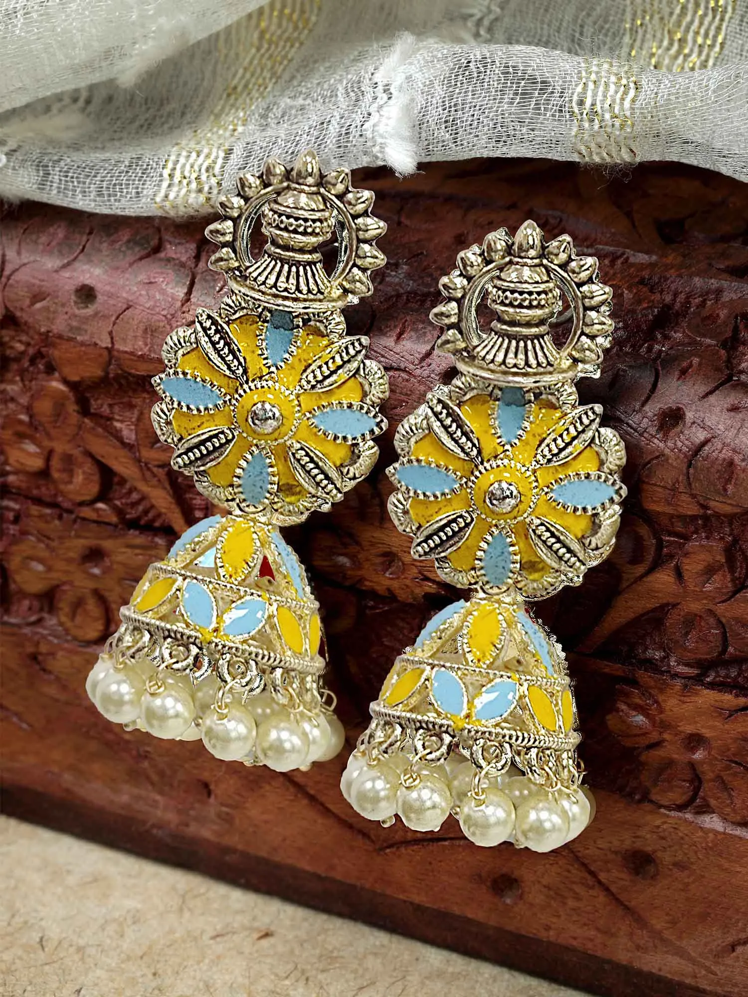 Karatcart Gold Plated Floral Design Yellow and Light Blue Meena Jhumki Earrings for Women