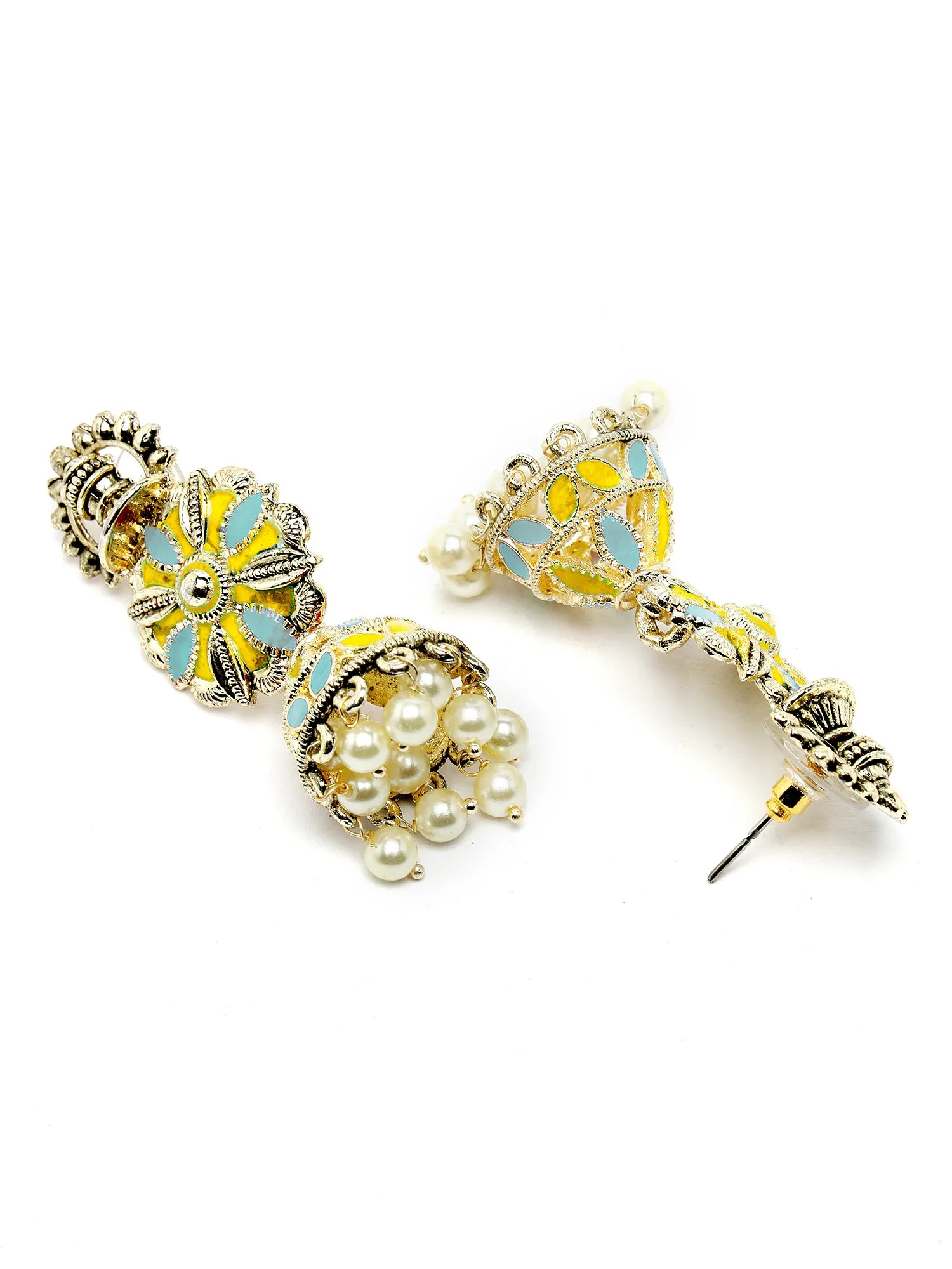 Karatcart Gold Plated Floral Design Yellow and Light Blue Meena Jhumki Earrings for Women