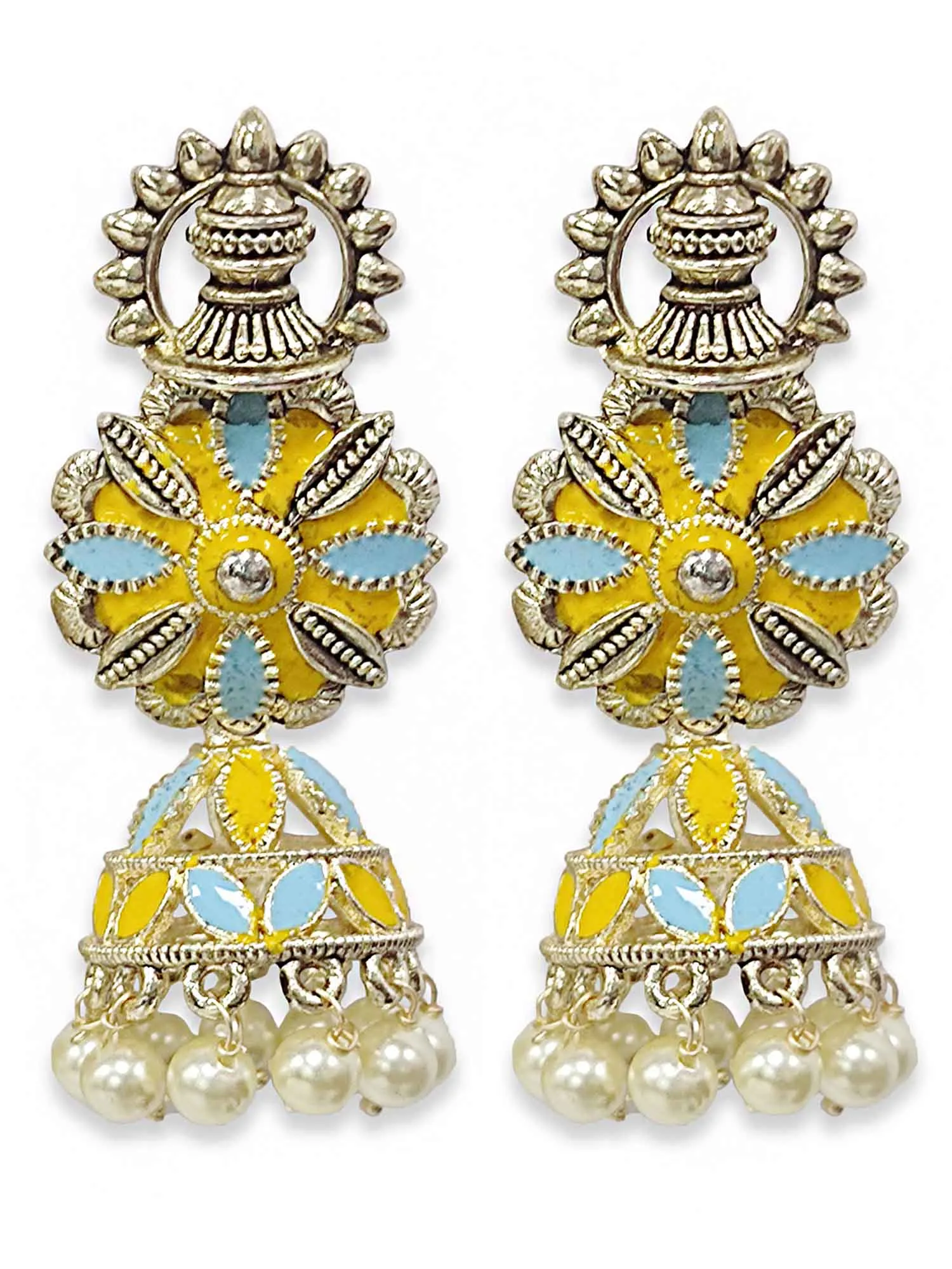 Karatcart Gold Plated Floral Design Yellow and Light Blue Meena Jhumki Earrings for Women