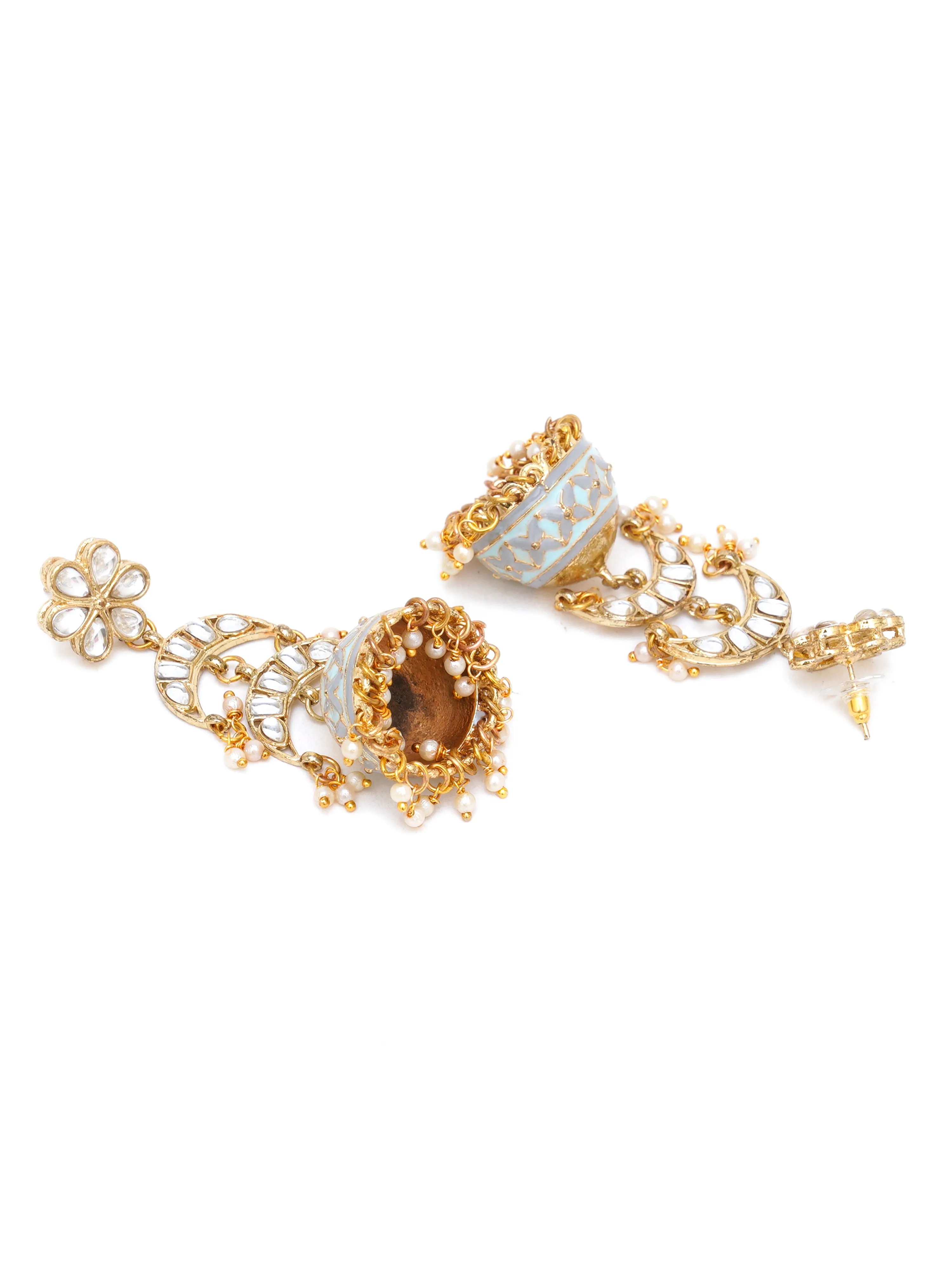Karatcart Gold Plated Floral Light Blue Meena Kundan Jhumki Earrings for Women