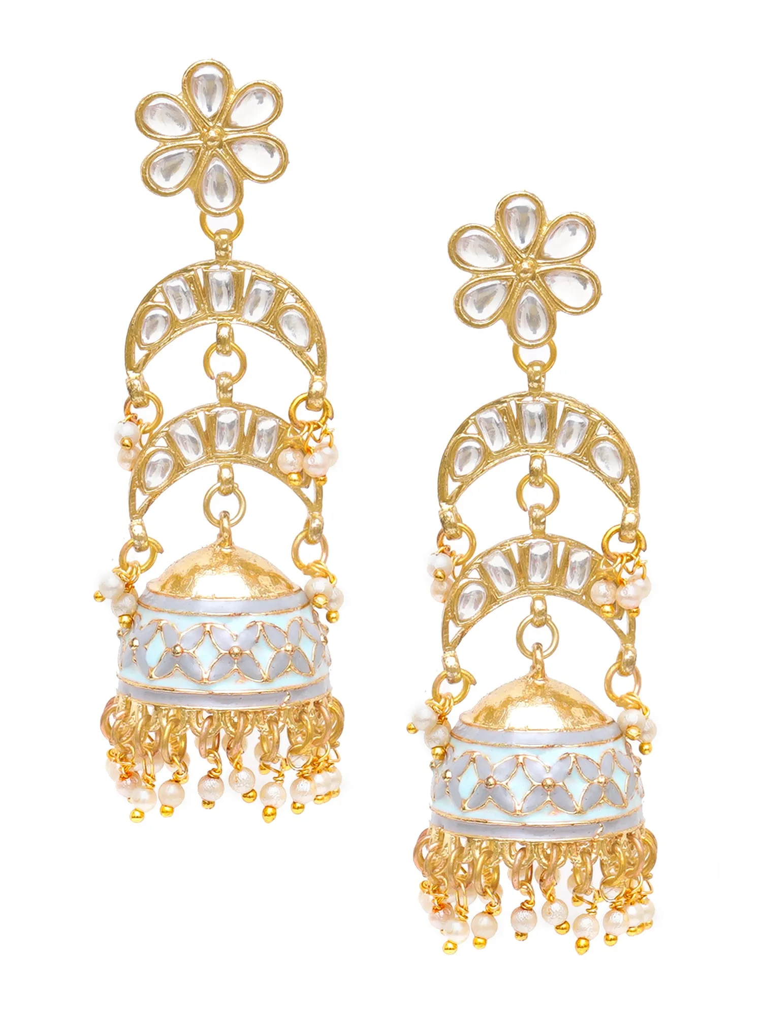 Karatcart Gold Plated Floral Light Blue Meena Kundan Jhumki Earrings for Women