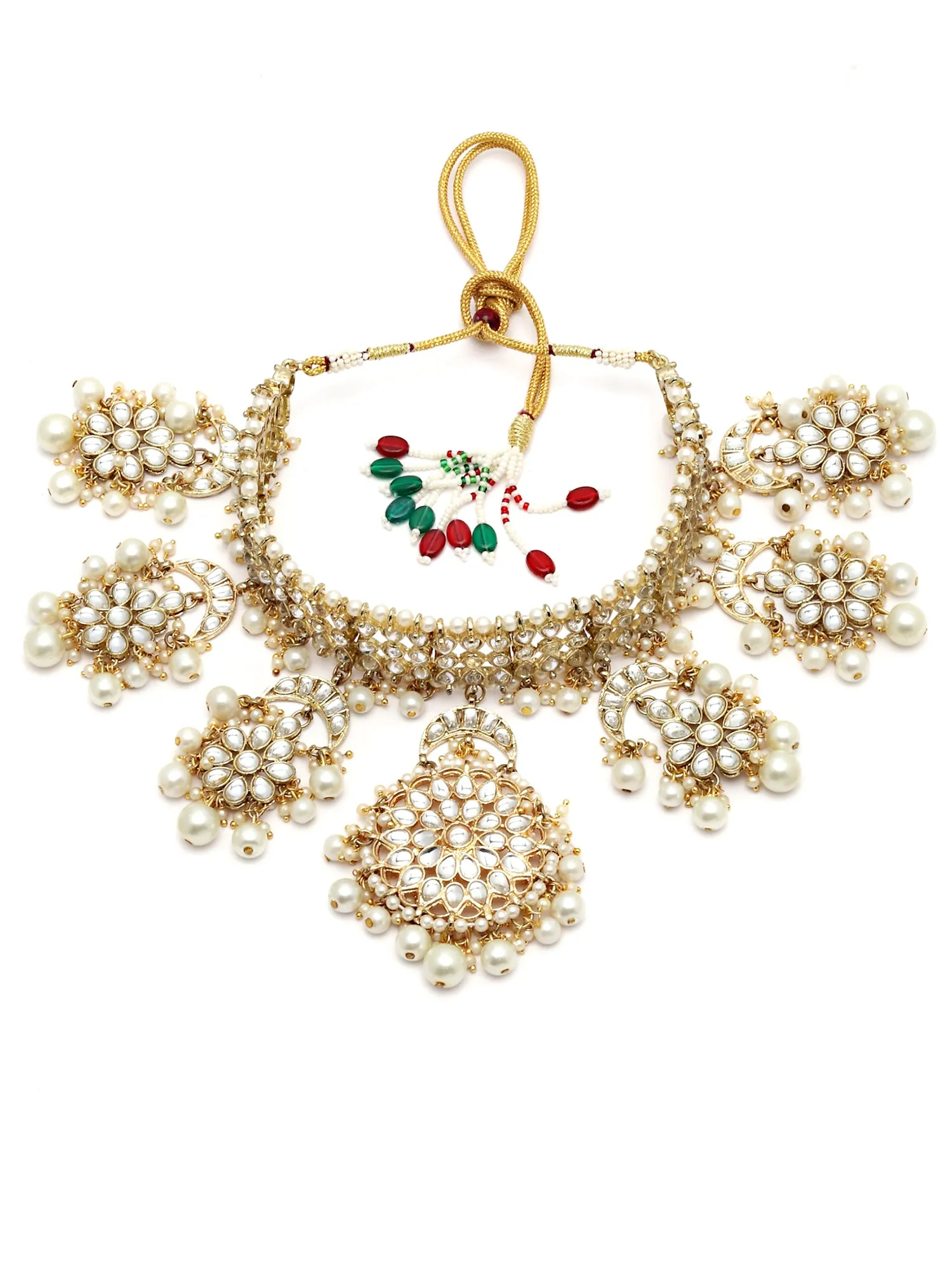 Karatcart Gold Plated Floral Pearl and Kundan Bridal Choker Necklace Set for Women