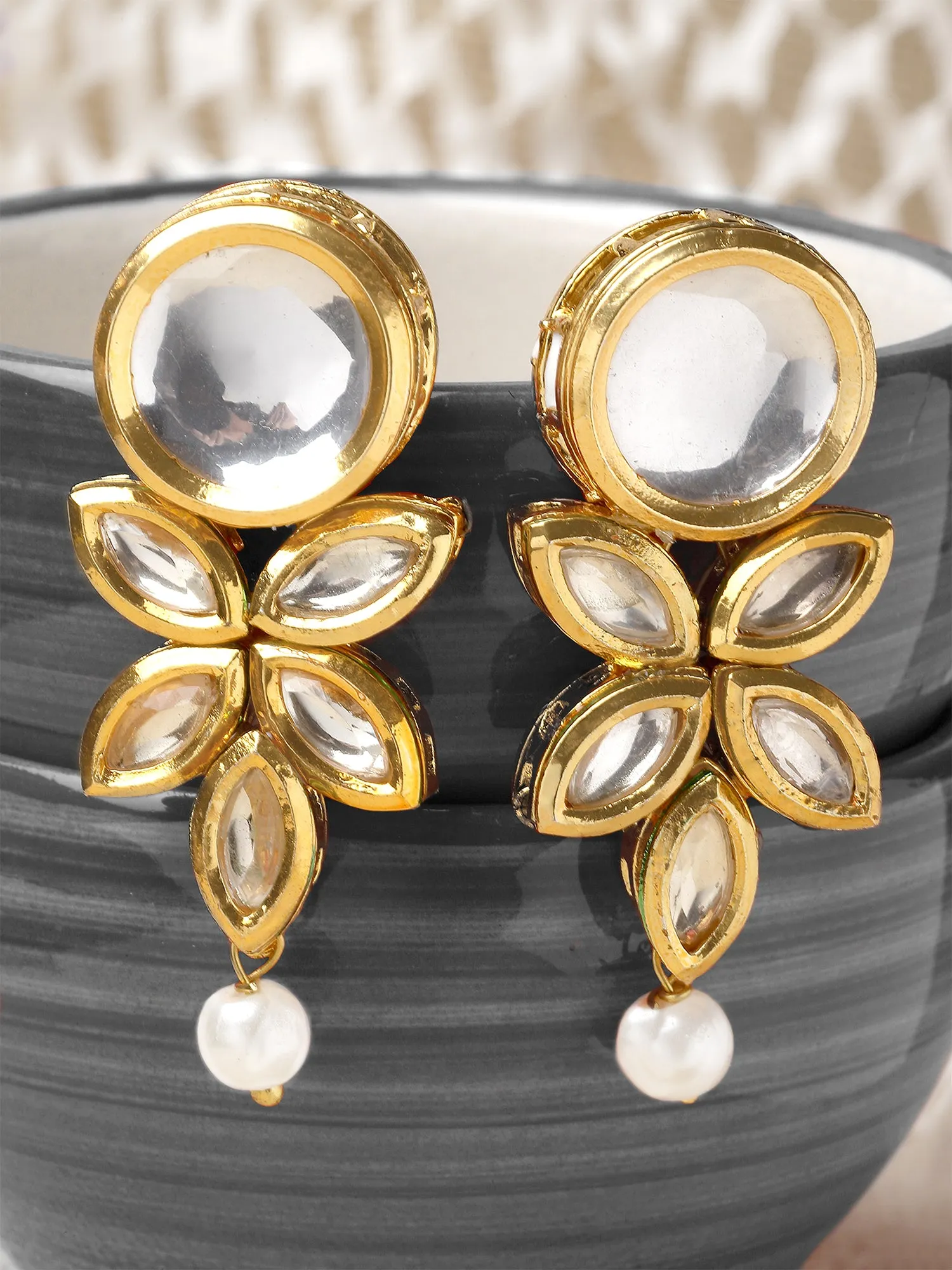Karatcart Gold Plated Floral Polki Kundan and Pearl Drop Earring for Women