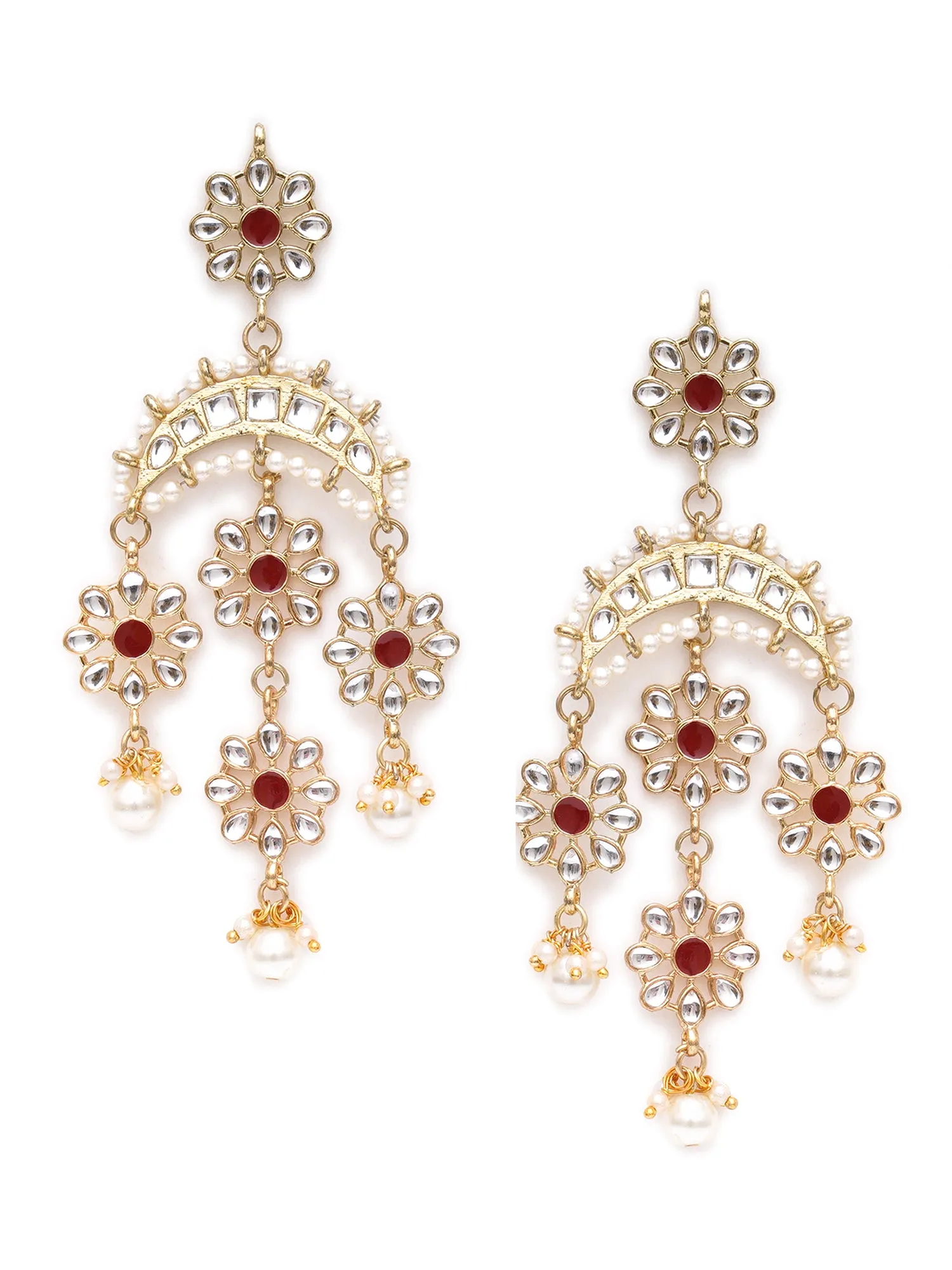 Karatcart Gold Plated Floral Red Meena Kundan Dangler Earrings for Women