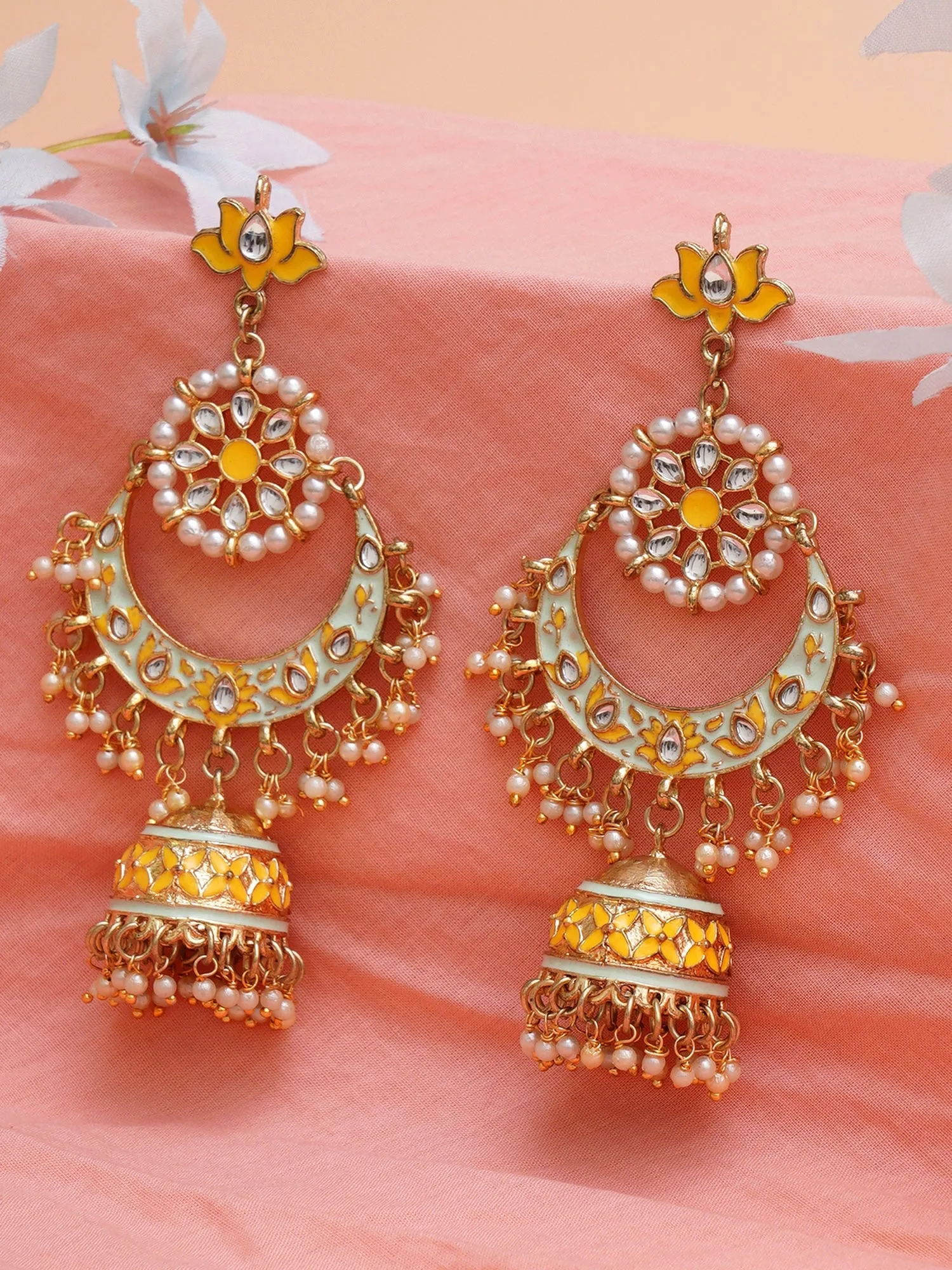 Karatcart Gold Plated Floral Yellow Meena Kundan Jhumki Earrings for Women