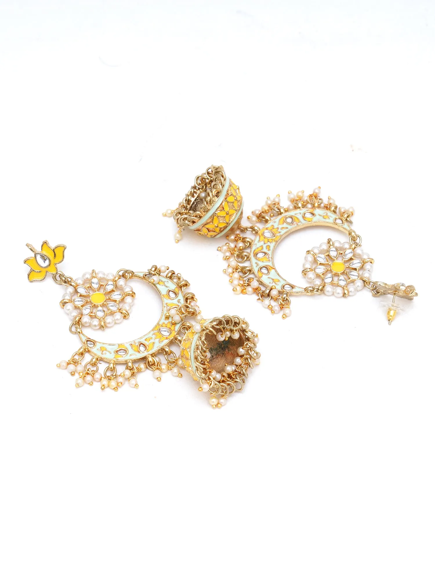 Karatcart Gold Plated Floral Yellow Meena Kundan Jhumki Earrings for Women