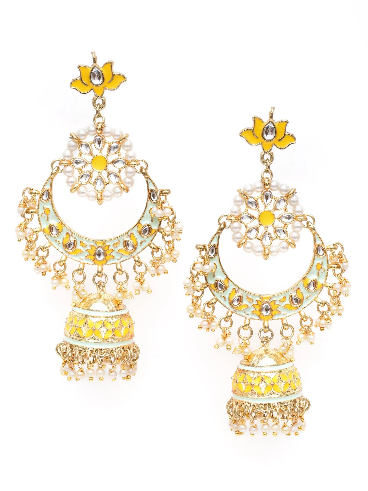 Karatcart Gold Plated Floral Yellow Meena Kundan Jhumki Earrings for Women