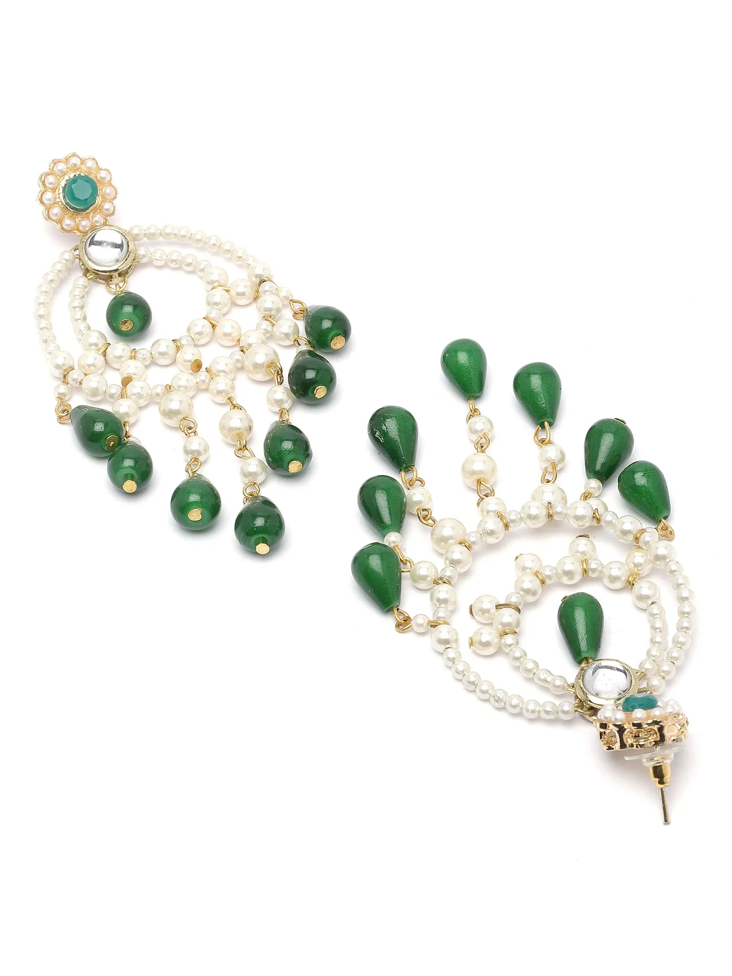 Karatcart Gold Plated Green Bead Kundan Drop Earrings for Women