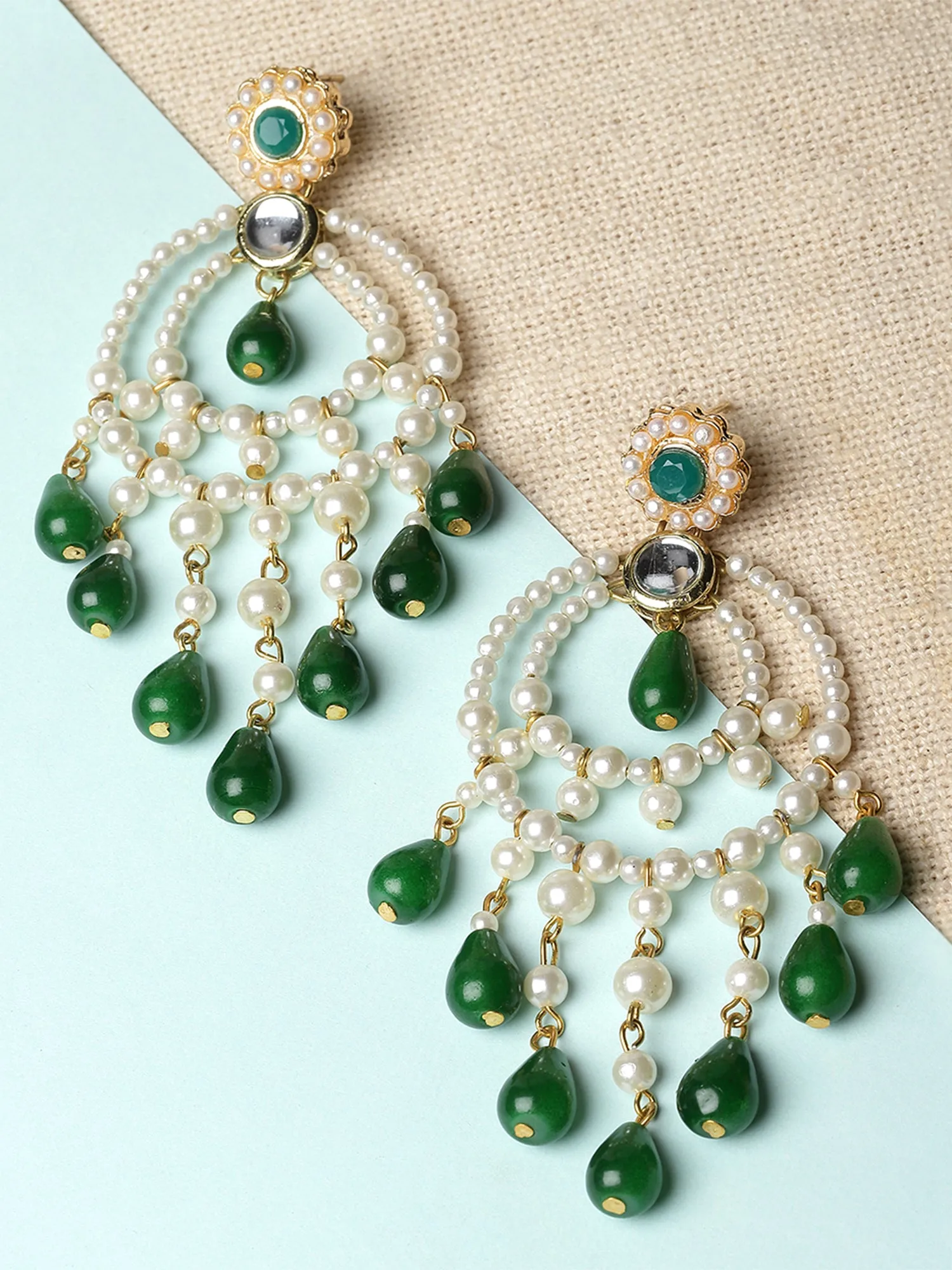 Karatcart Gold Plated Green Bead Kundan Drop Earrings for Women