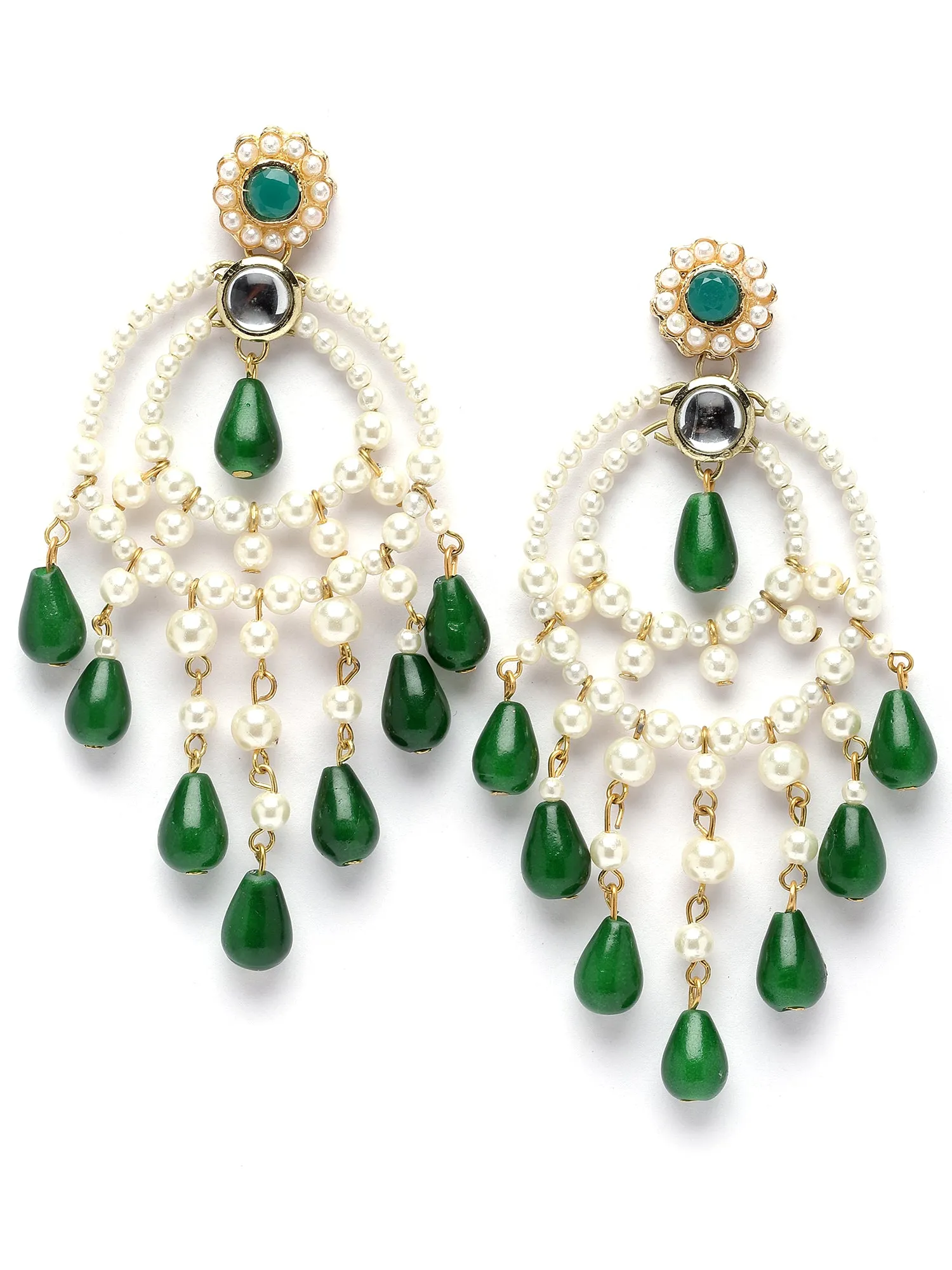 Karatcart Gold Plated Green Bead Kundan Drop Earrings for Women