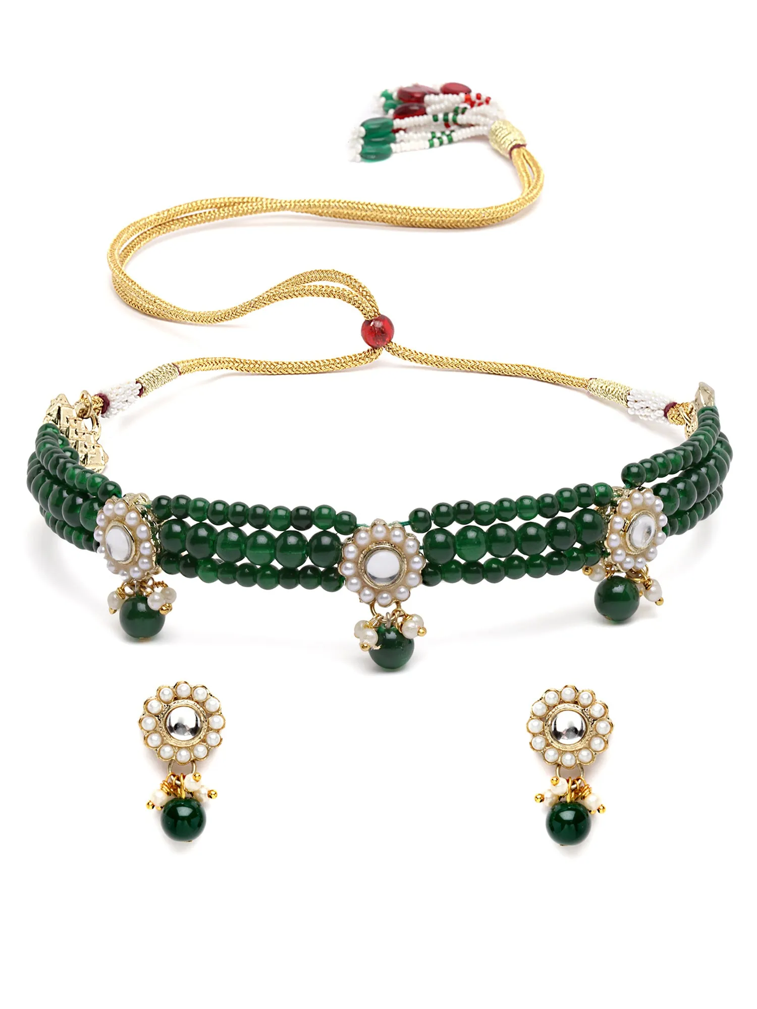 Karatcart Gold Plated Green Beaded Kundan Choker Necklace Set for Women