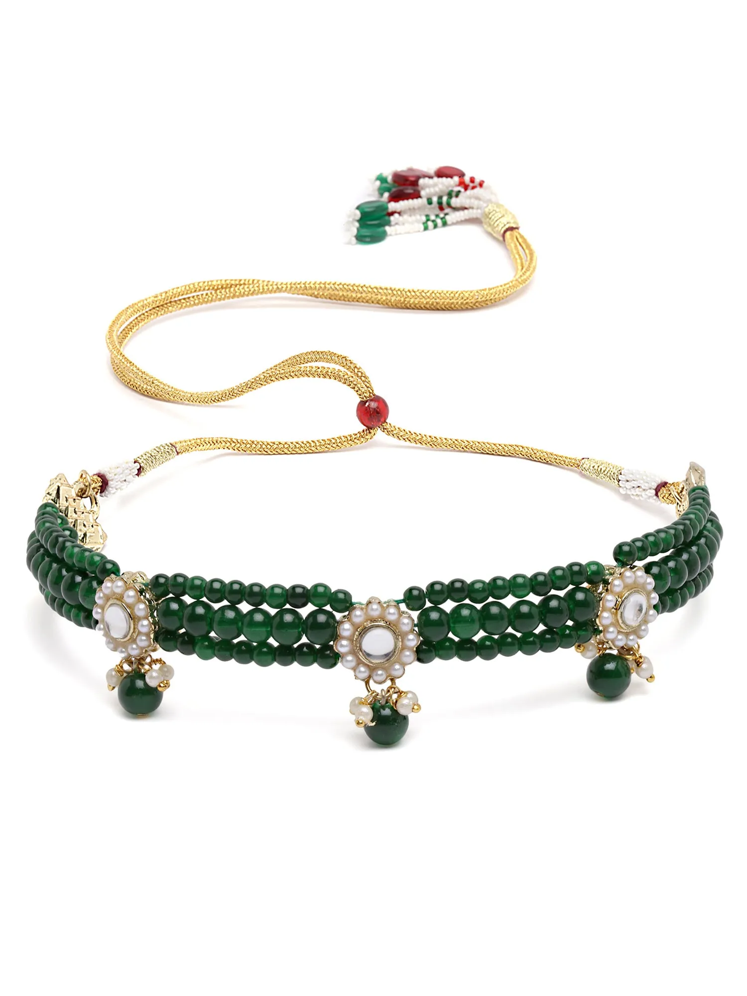 Karatcart Gold Plated Green Beaded Kundan Choker Necklace Set for Women
