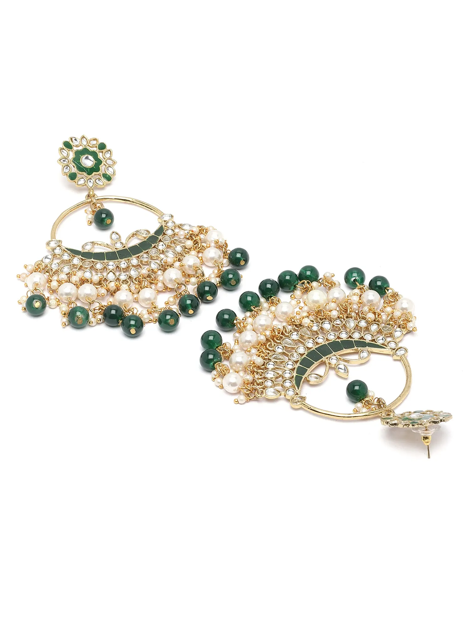 Karatcart Gold Plated Green Beads and Pearl Kundan Chandbali Earrings for Women