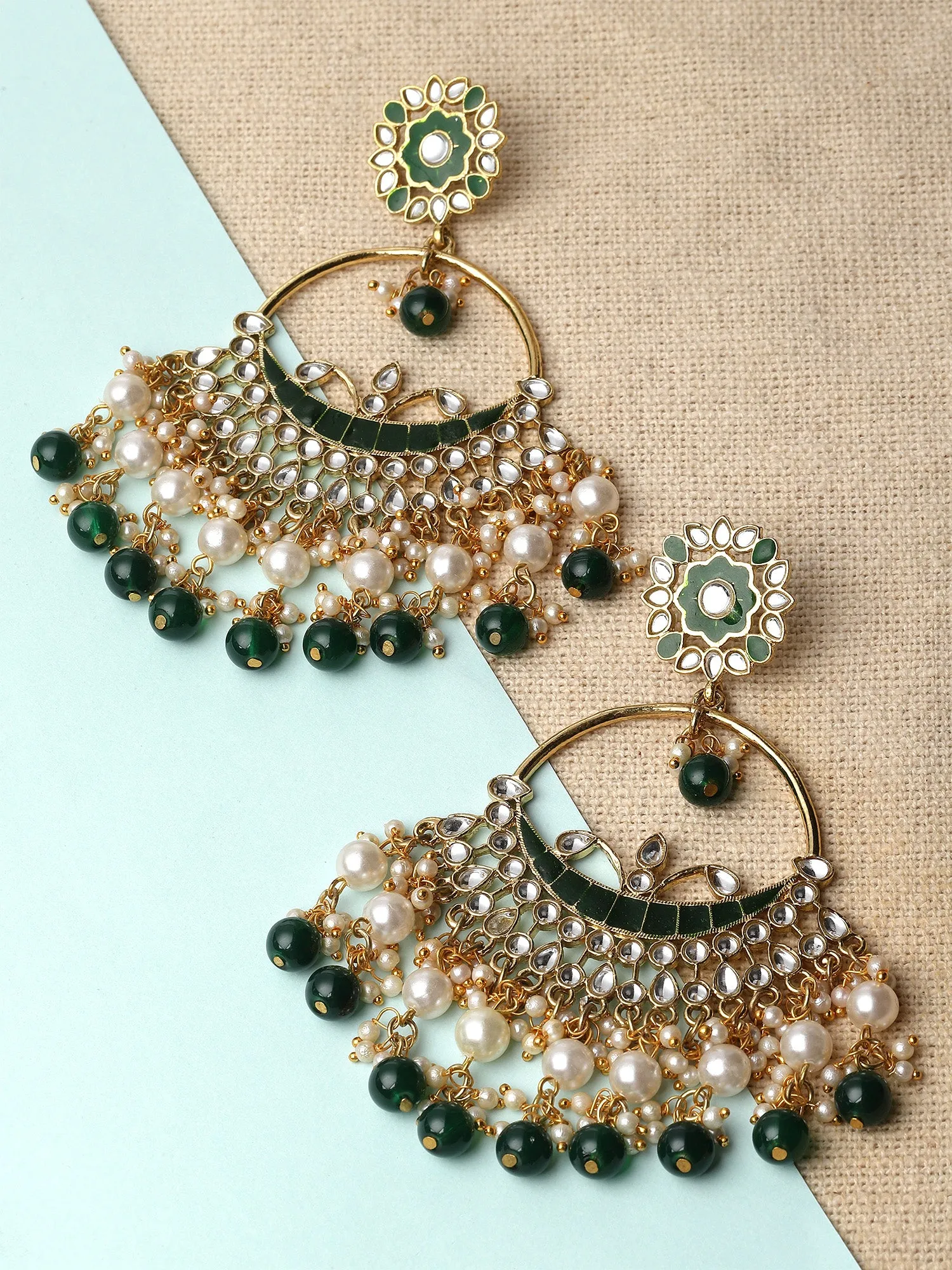 Karatcart Gold Plated Green Beads and Pearl Kundan Chandbali Earrings for Women