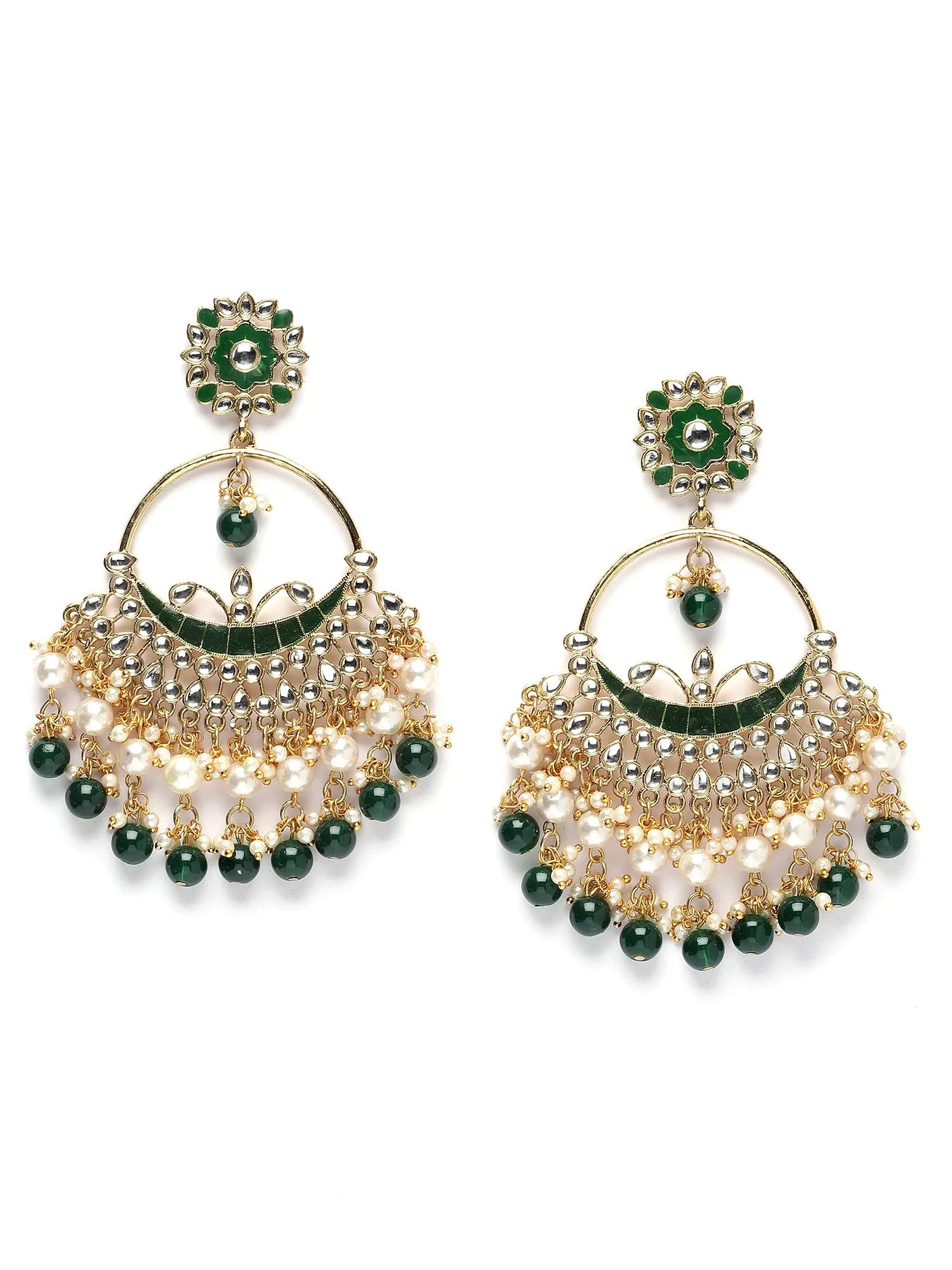 Karatcart Gold Plated Green Beads and Pearl Kundan Chandbali Earrings for Women