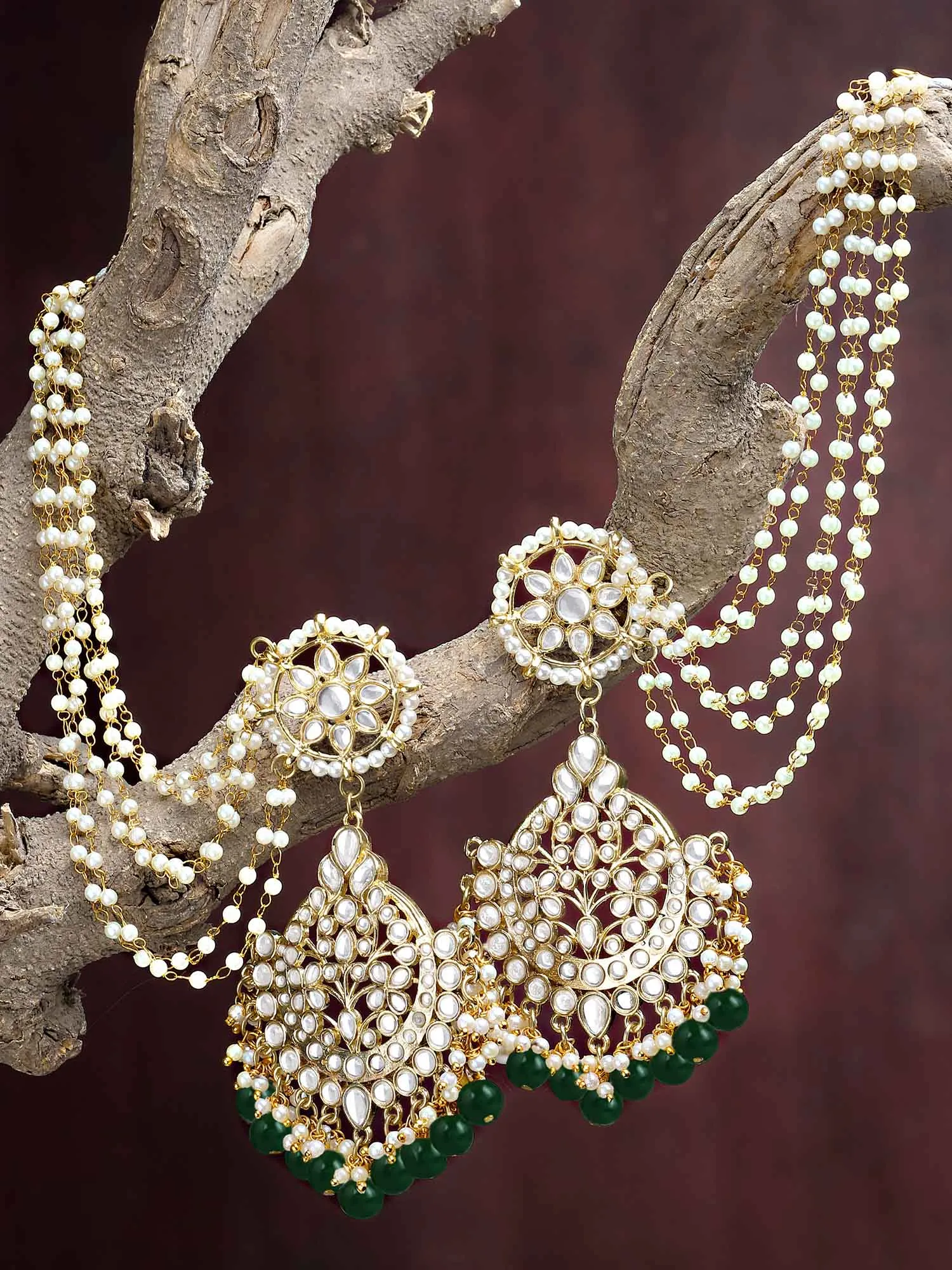 Karatcart Gold Plated Green Beads Kundan Kaanchain Earrings for Women
