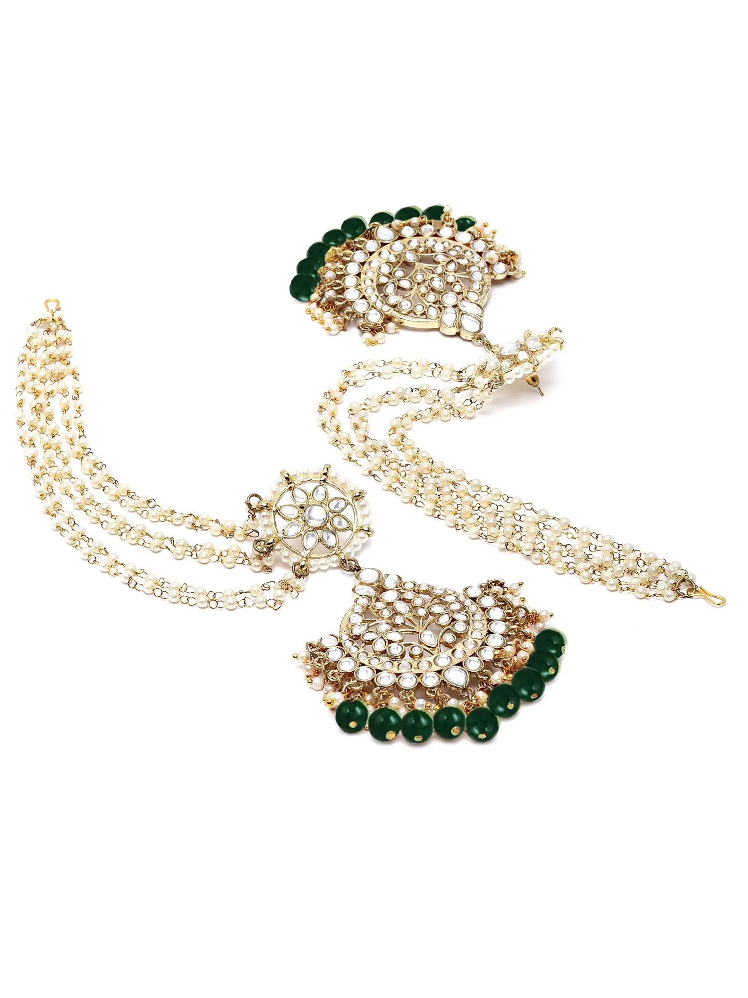 Karatcart Gold Plated Green Beads Kundan Kaanchain Earrings for Women