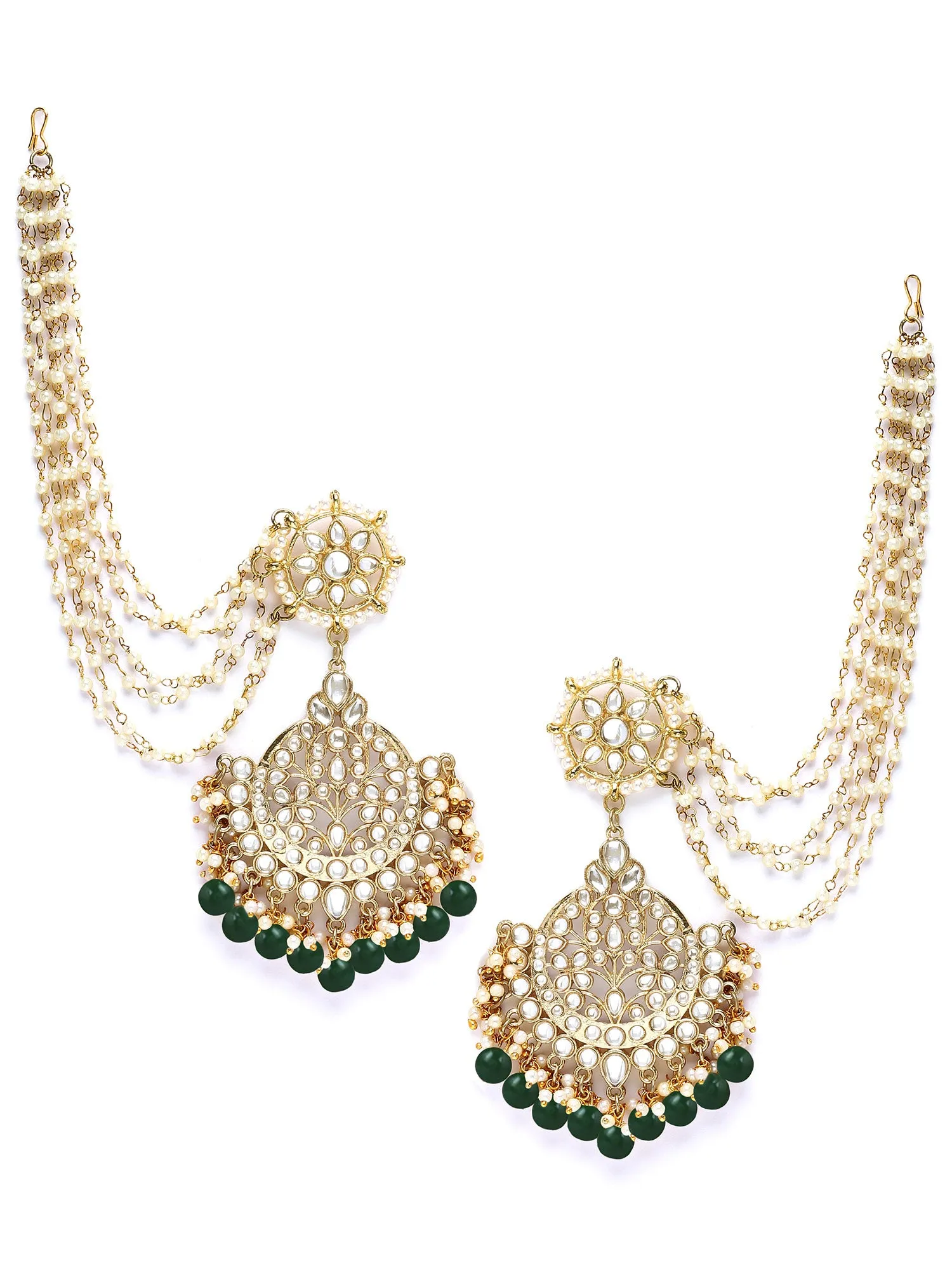 Karatcart Gold Plated Green Beads Kundan Kaanchain Earrings for Women