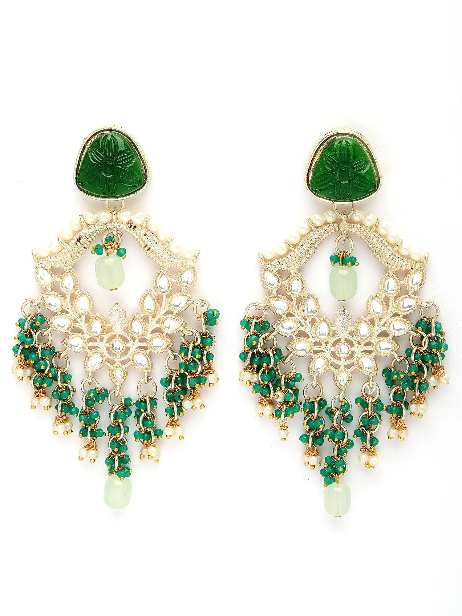 Karatcart Gold Plated Green Carved Stone and Crystal Dangler Earrings for Women