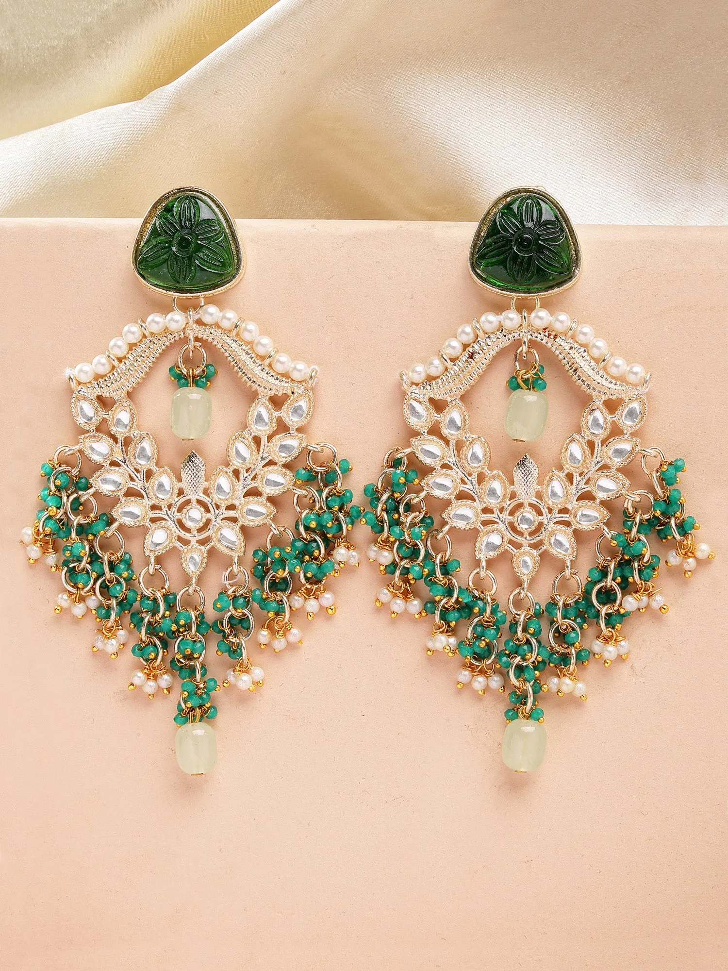 Karatcart Gold Plated Green Carved Stone and Crystal Dangler Earrings for Women