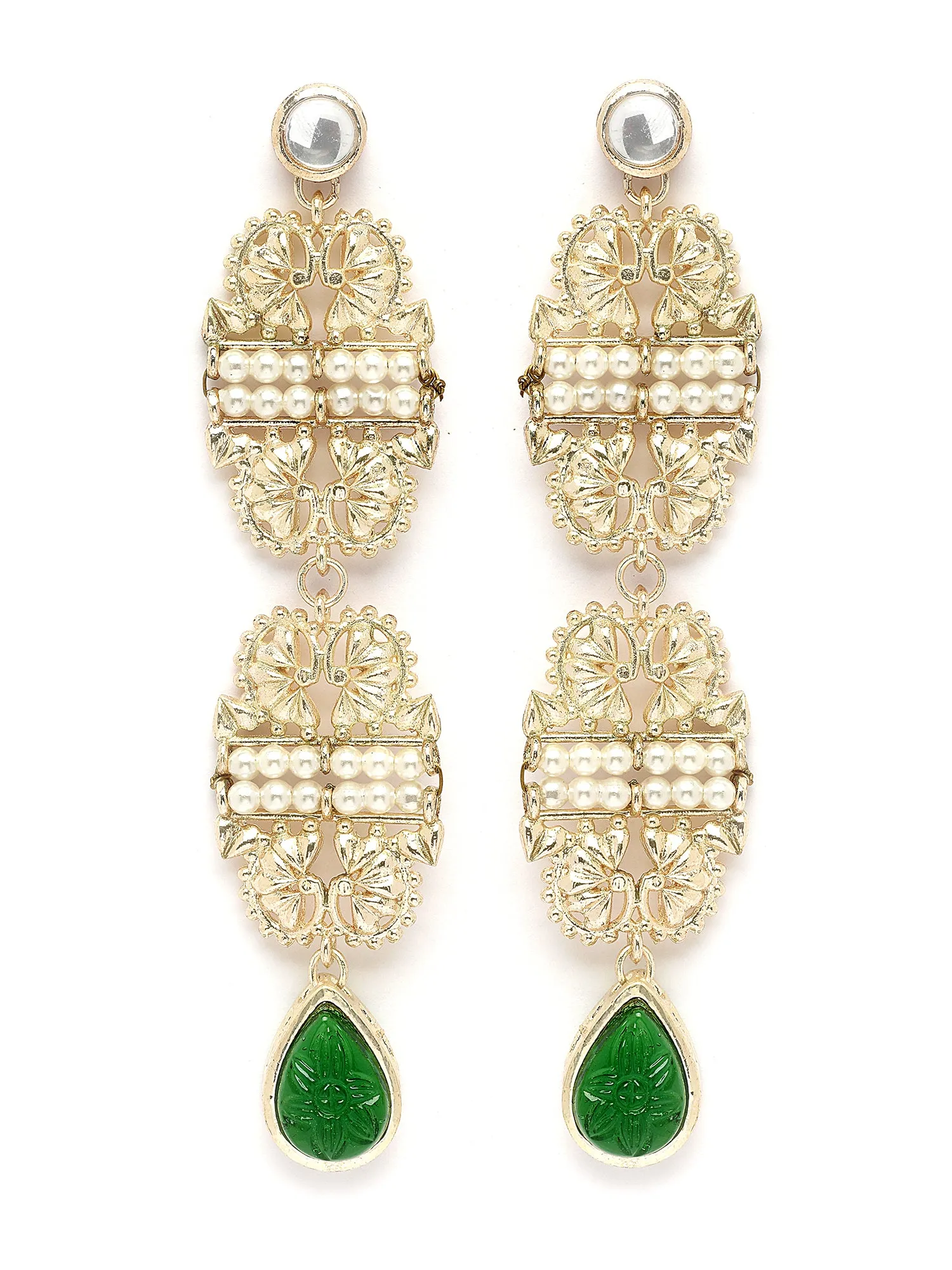 Karatcart Gold Plated Green Carved Stone Kundan Drop Earrings for Women