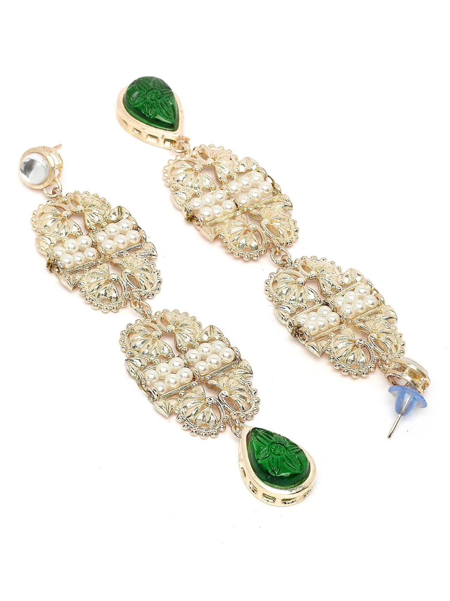 Karatcart Gold Plated Green Carved Stone Kundan Drop Earrings for Women