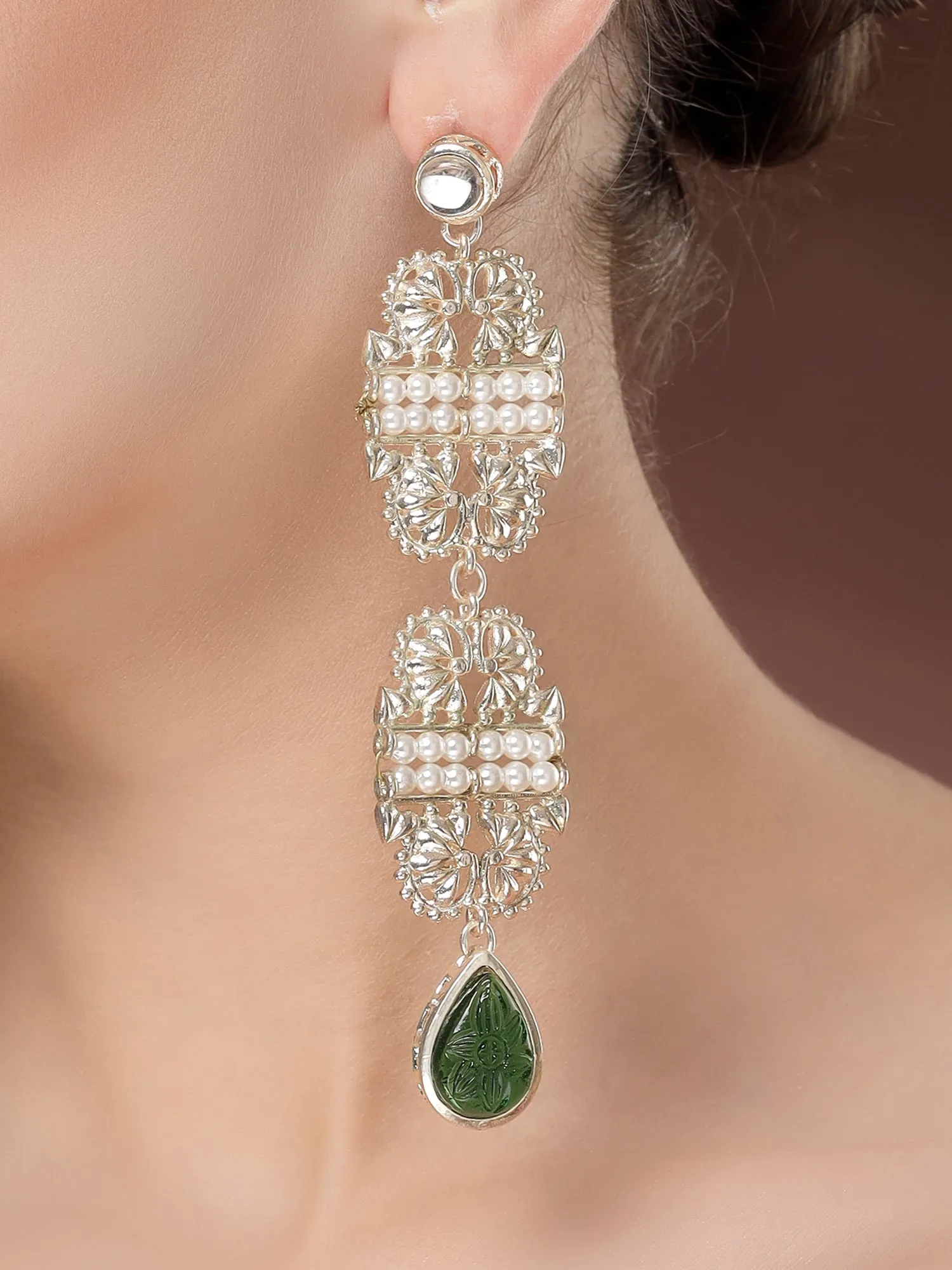 Karatcart Gold Plated Green Carved Stone Kundan Drop Earrings for Women