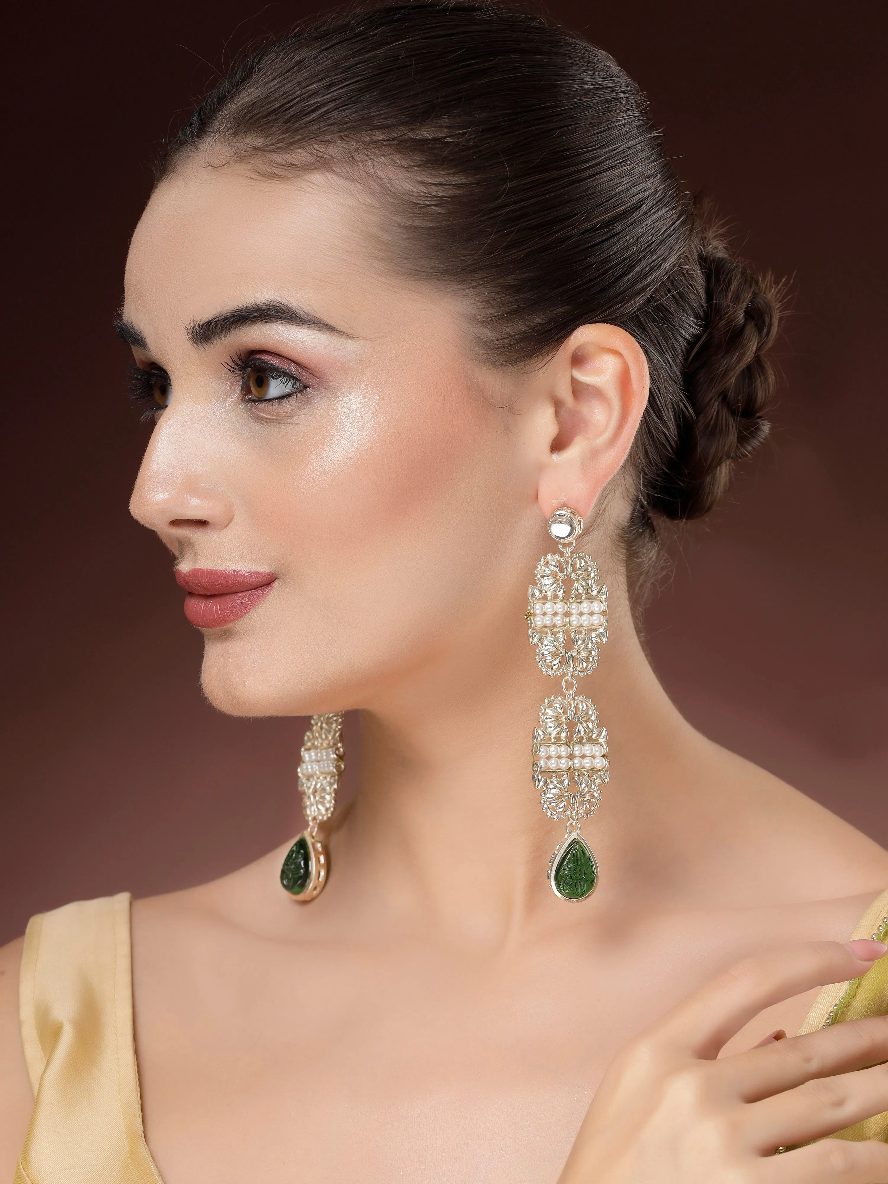 Karatcart Gold Plated Green Carved Stone Kundan Drop Earrings for Women