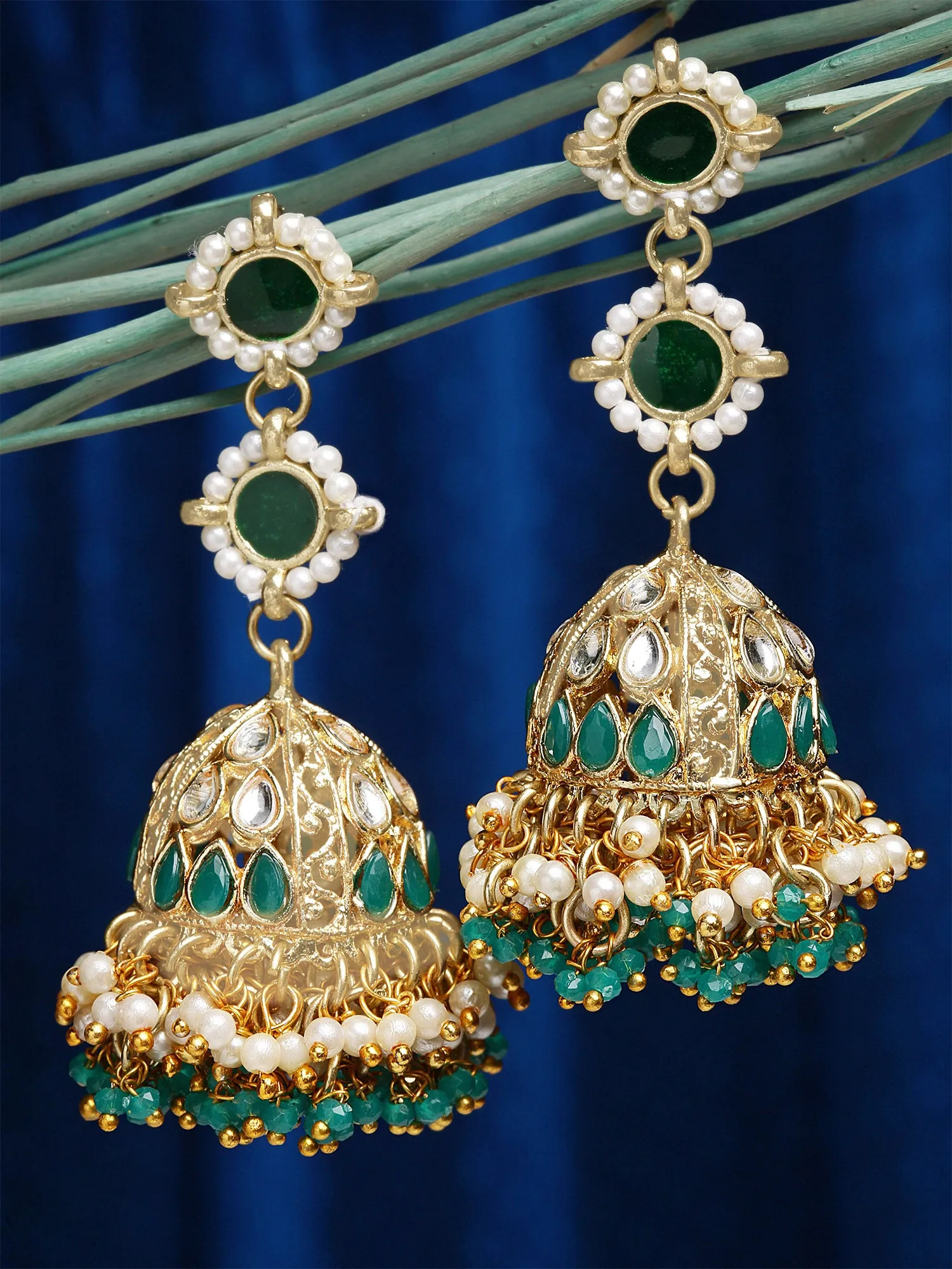 Karatcart Gold Plated Green Crystal and Pearl Studded Kundan Jhumki Earrings for Women