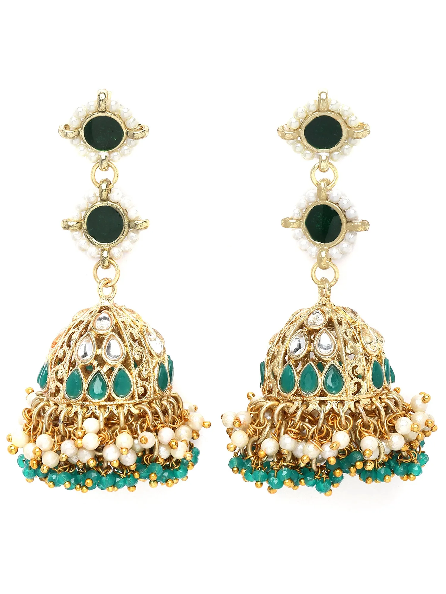Karatcart Gold Plated Green Crystal and Pearl Studded Kundan Jhumki Earrings for Women