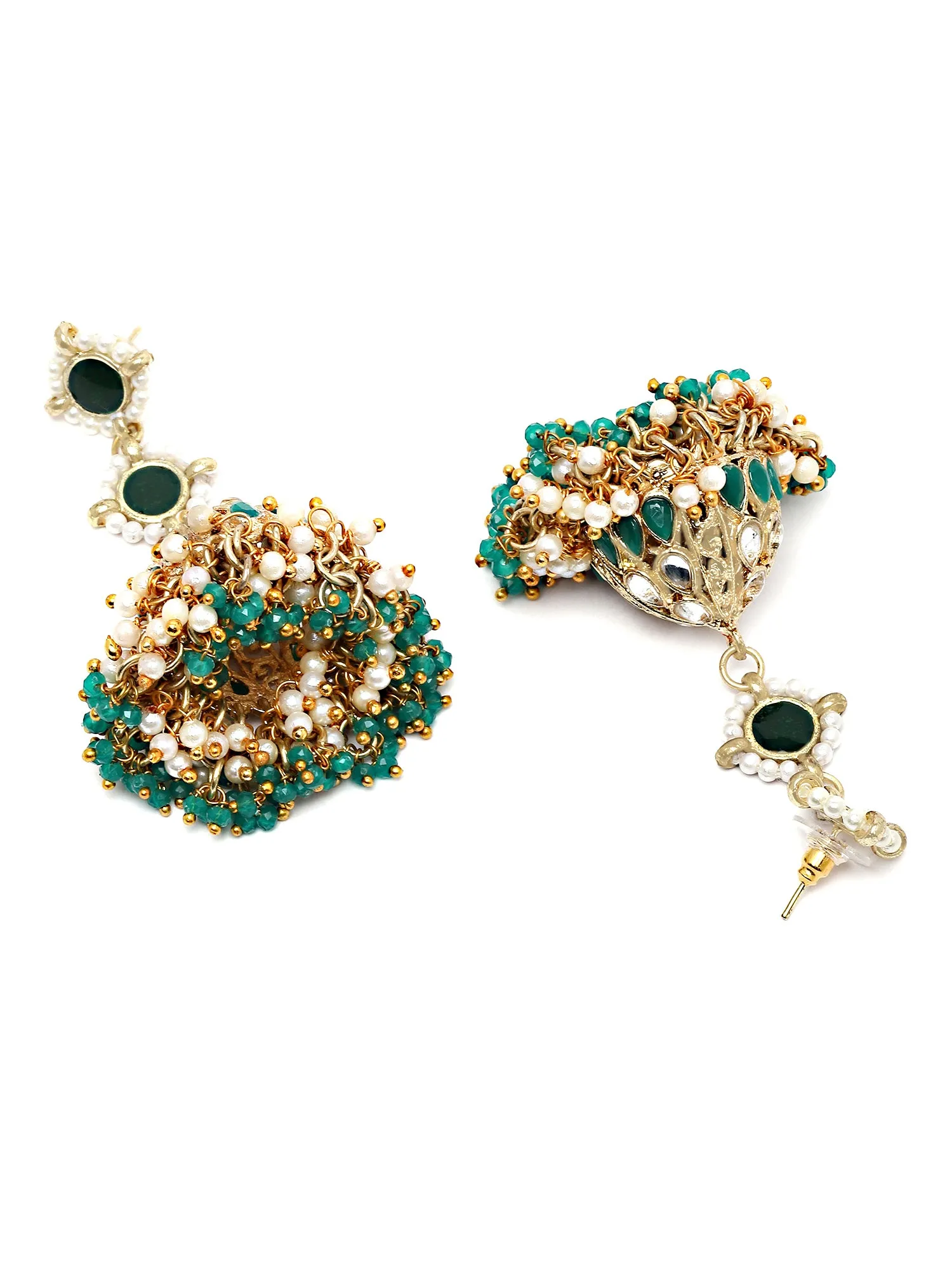 Karatcart Gold Plated Green Crystal and Pearl Studded Kundan Jhumki Earrings for Women