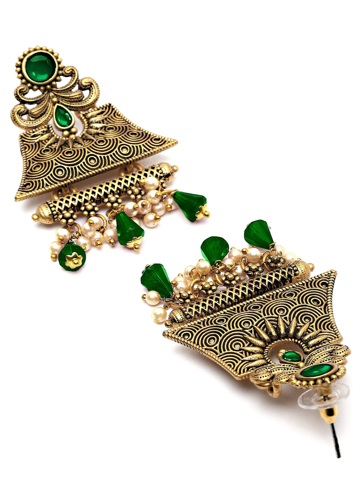 Karatcart Gold Plated Green Crystal Studded Engraved Dangler Earrings for Women