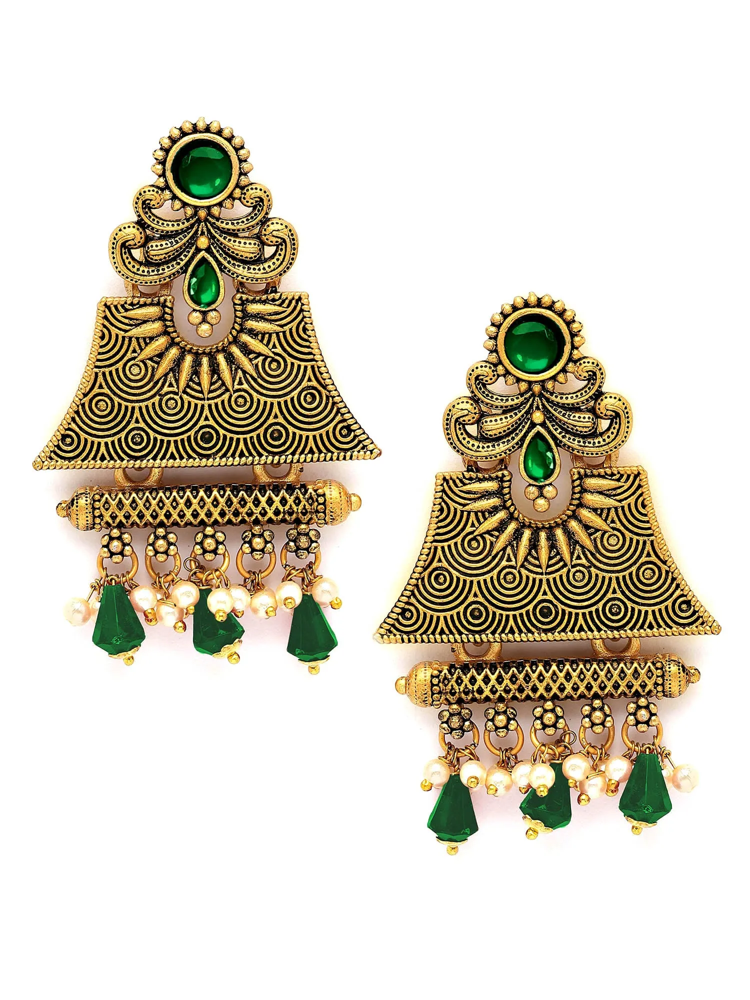 Karatcart Gold Plated Green Crystal Studded Engraved Dangler Earrings for Women