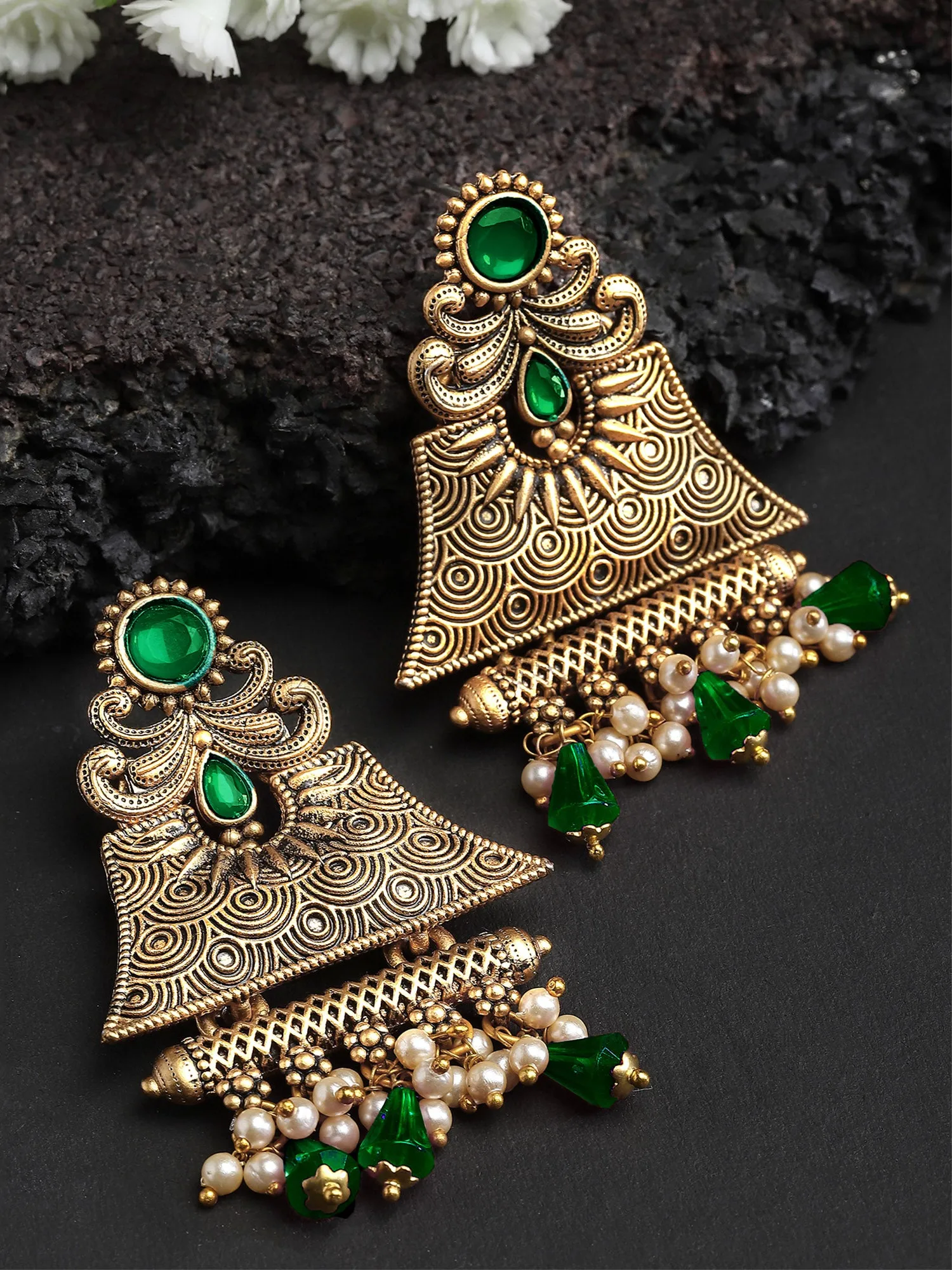 Karatcart Gold Plated Green Crystal Studded Engraved Dangler Earrings for Women