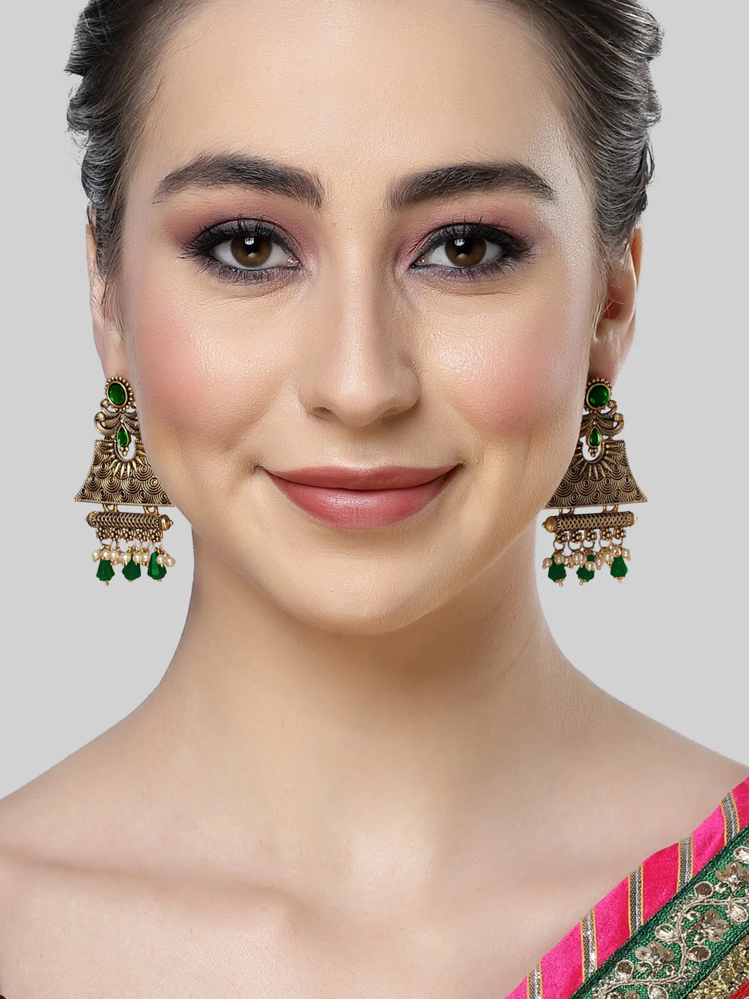 Karatcart Gold Plated Green Crystal Studded Engraved Dangler Earrings for Women
