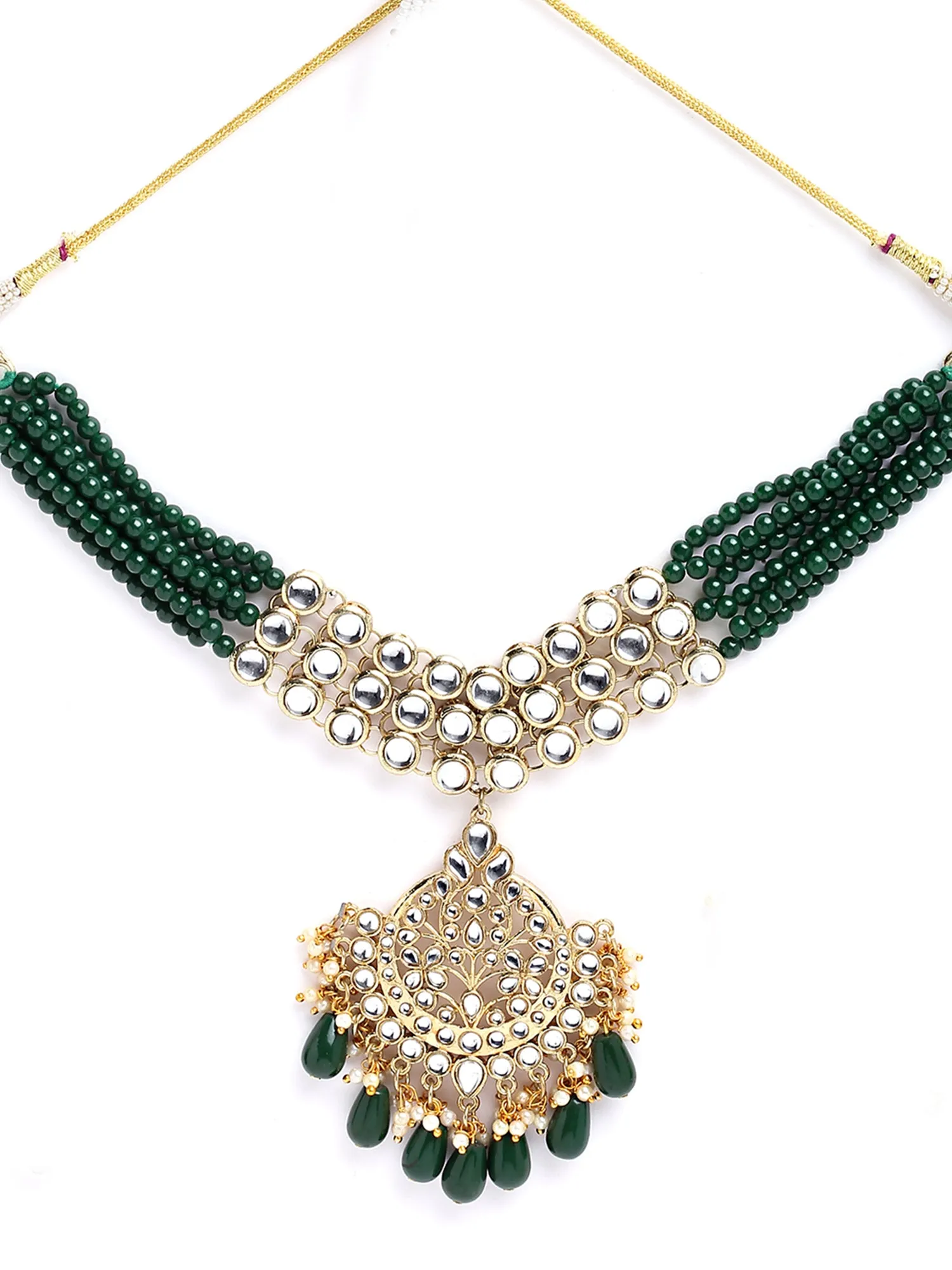 Karatcart Gold Plated Green Drop Beads Kundan Choker Necklace Set for Women