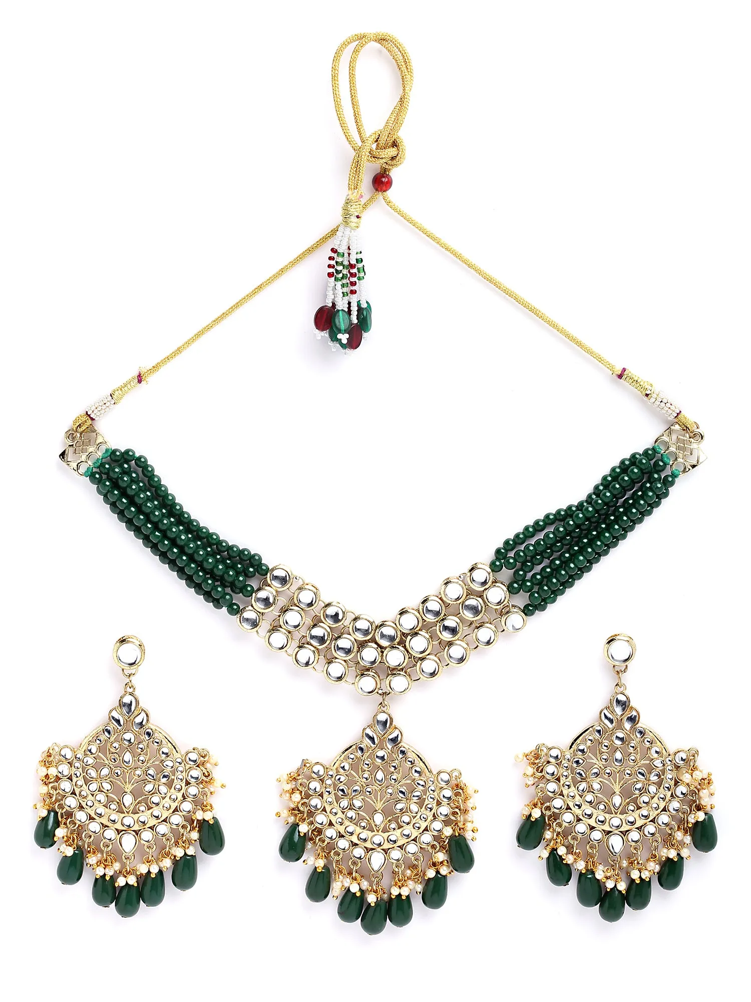 Karatcart Gold Plated Green Drop Beads Kundan Choker Necklace Set for Women
