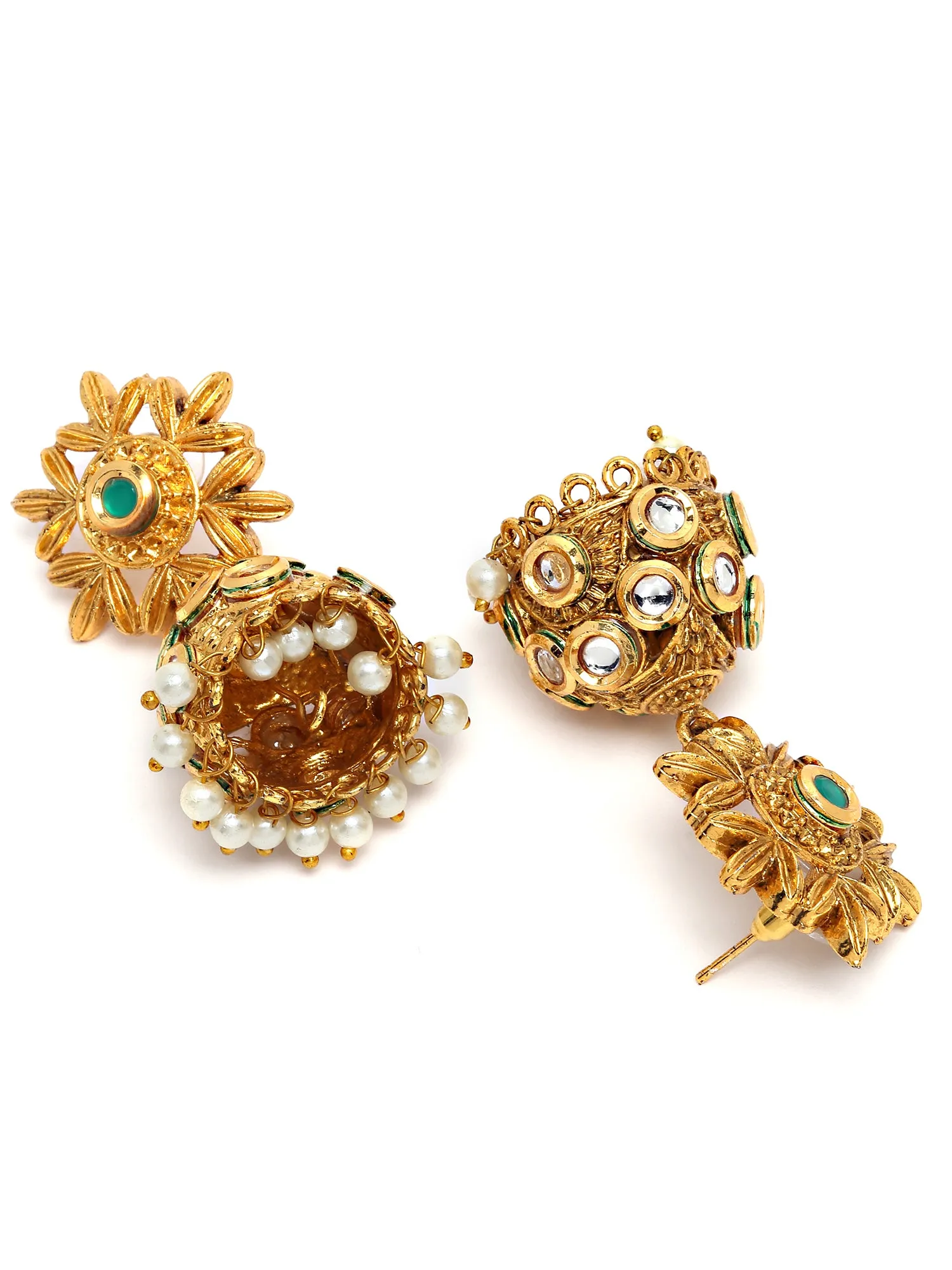 Karatcart Gold Plated Green Floral Polki Kundan Studded Jhumki Earrings for Women