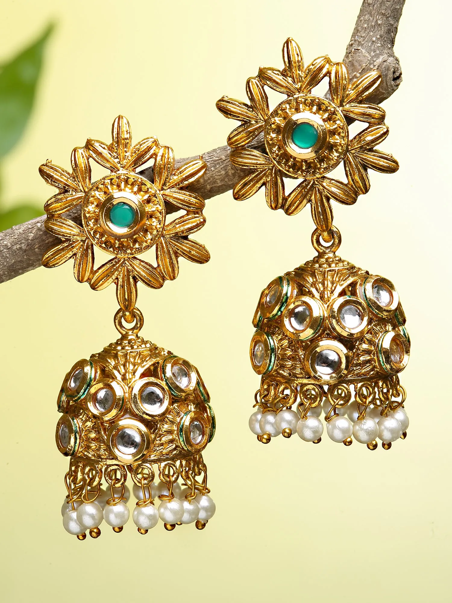 Karatcart Gold Plated Green Floral Polki Kundan Studded Jhumki Earrings for Women